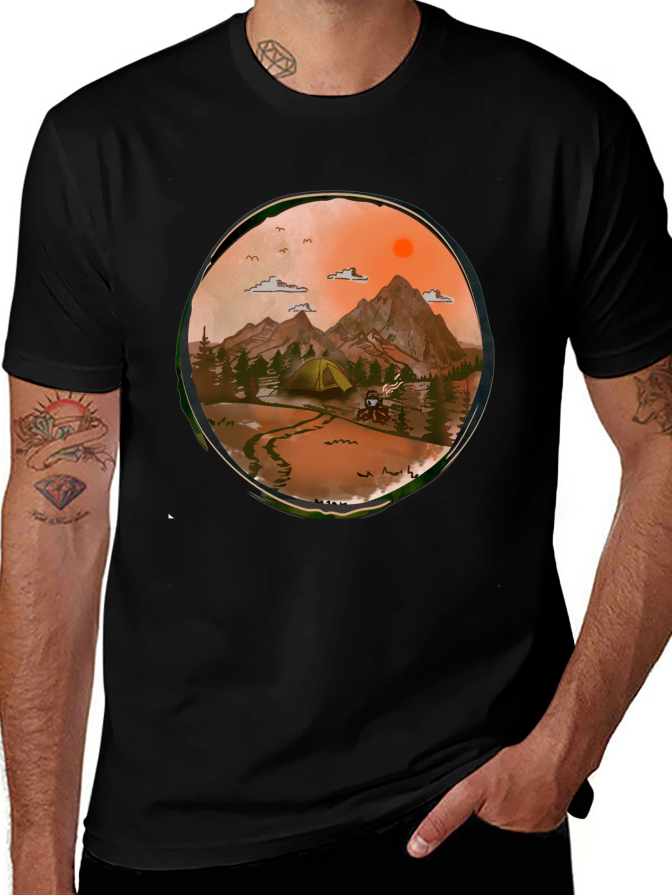 Adventure Awaits Graphic Tee - Camping Scene T-Shirt