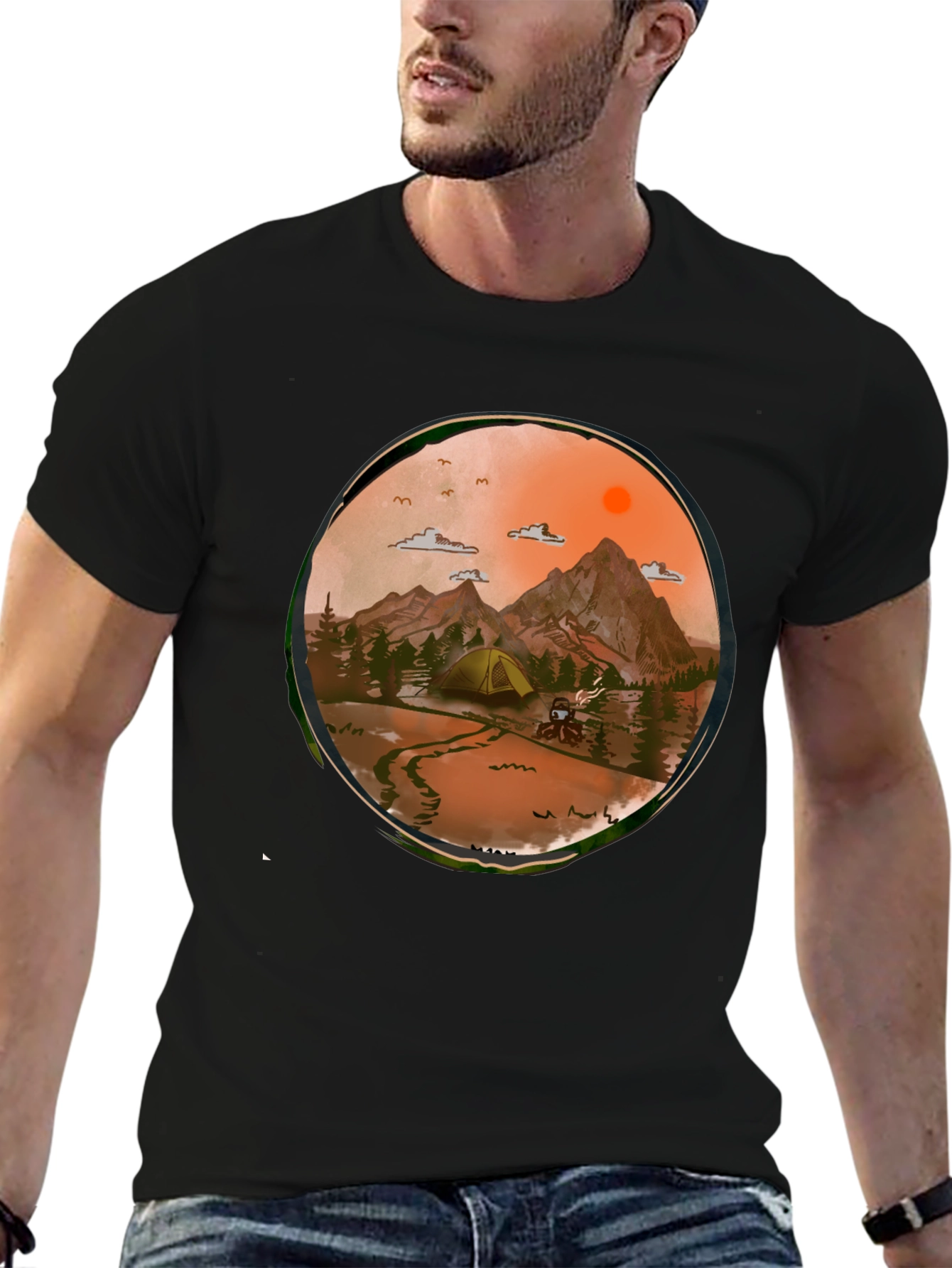 Adventure Awaits Graphic Tee - Camping Scene T-Shirt
