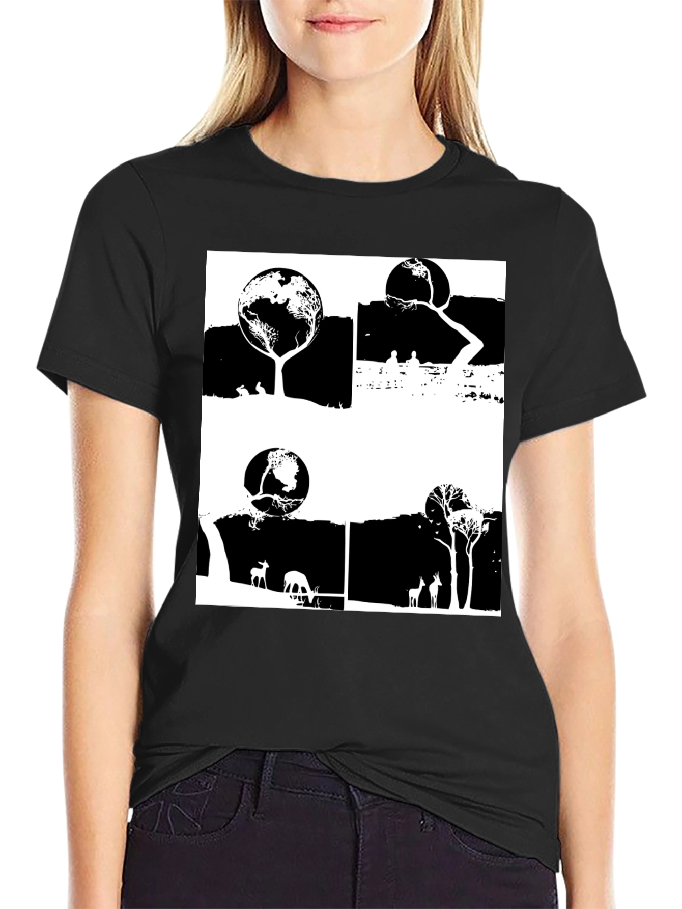 Nature Inspired Graphic Tee - Earth Trees Deer Print