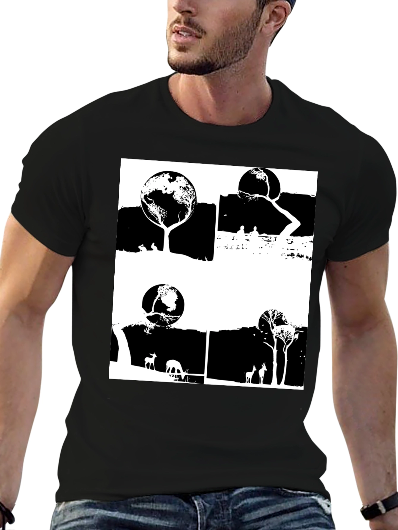 Nature Inspired Graphic Tee - Earth Trees Deer Print