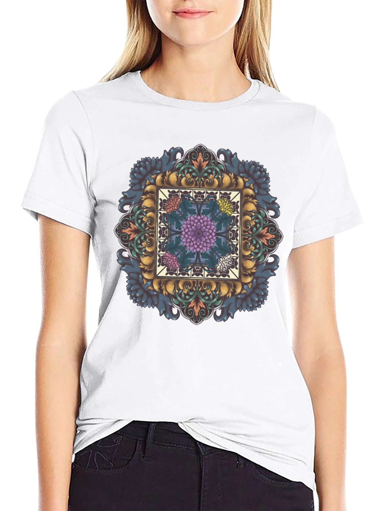 Ornate Floral Mandala Graphic Tee - Black