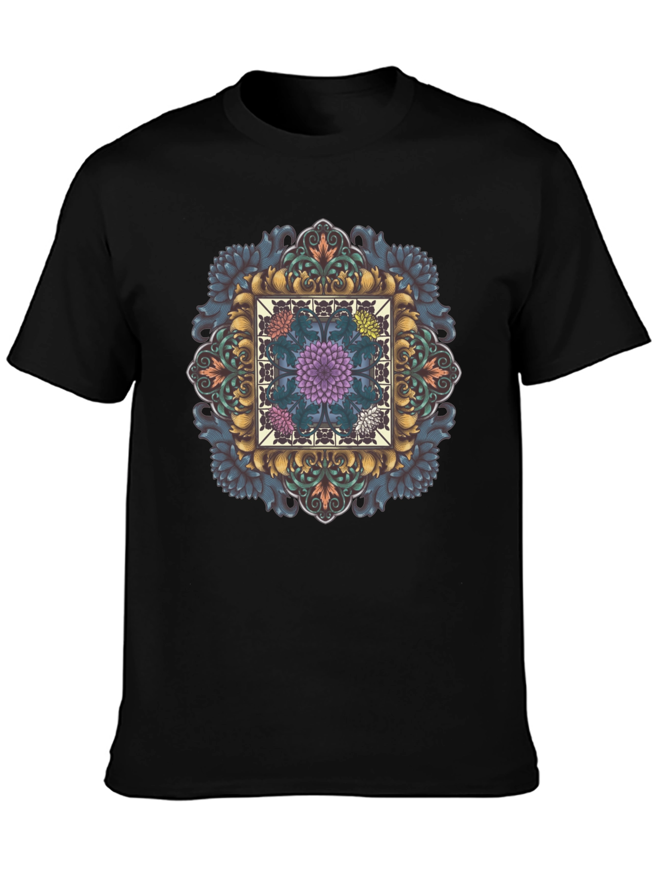 Ornate Floral Mandala Graphic Tee - Black