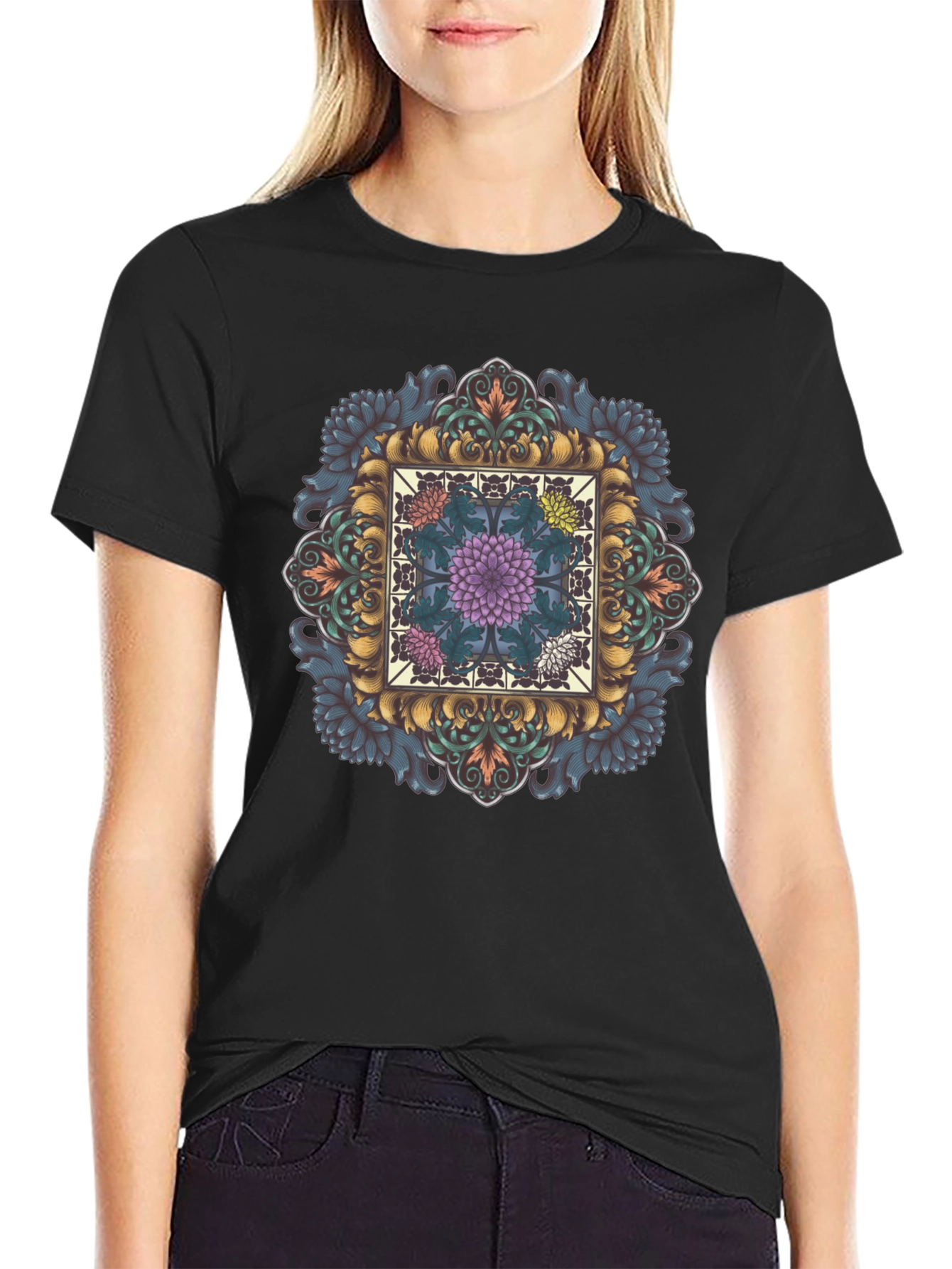 Ornate Floral Mandala Graphic Tee - Black