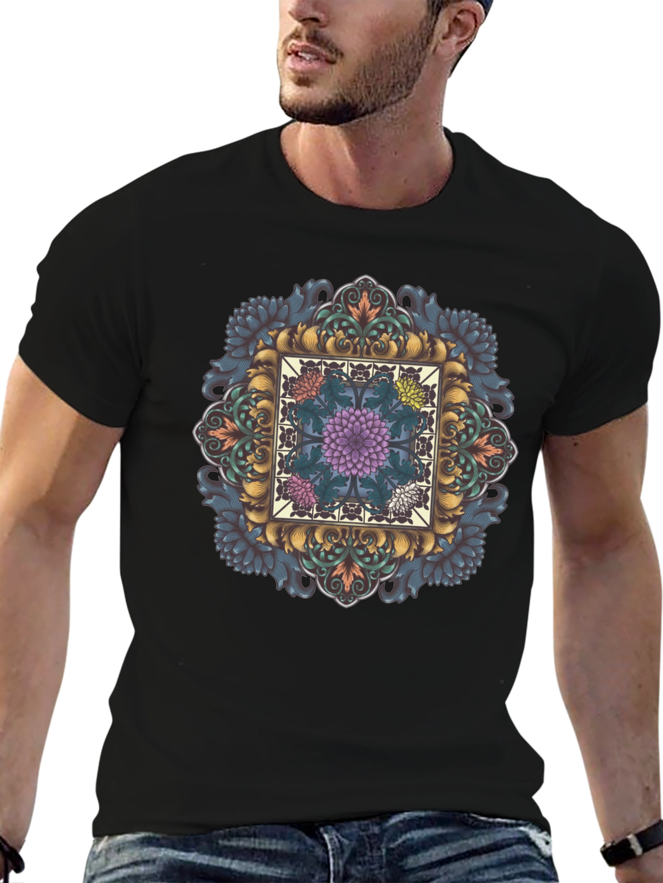 Ornate Floral Mandala Graphic Tee - Black