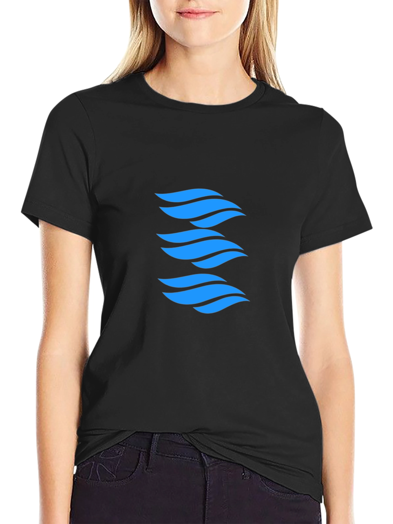 Modern Blue Wave Graphic Black T-Shirt