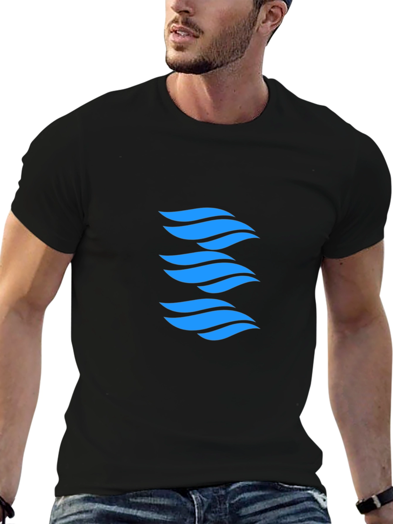 Modern Blue Wave Graphic Black T-Shirt