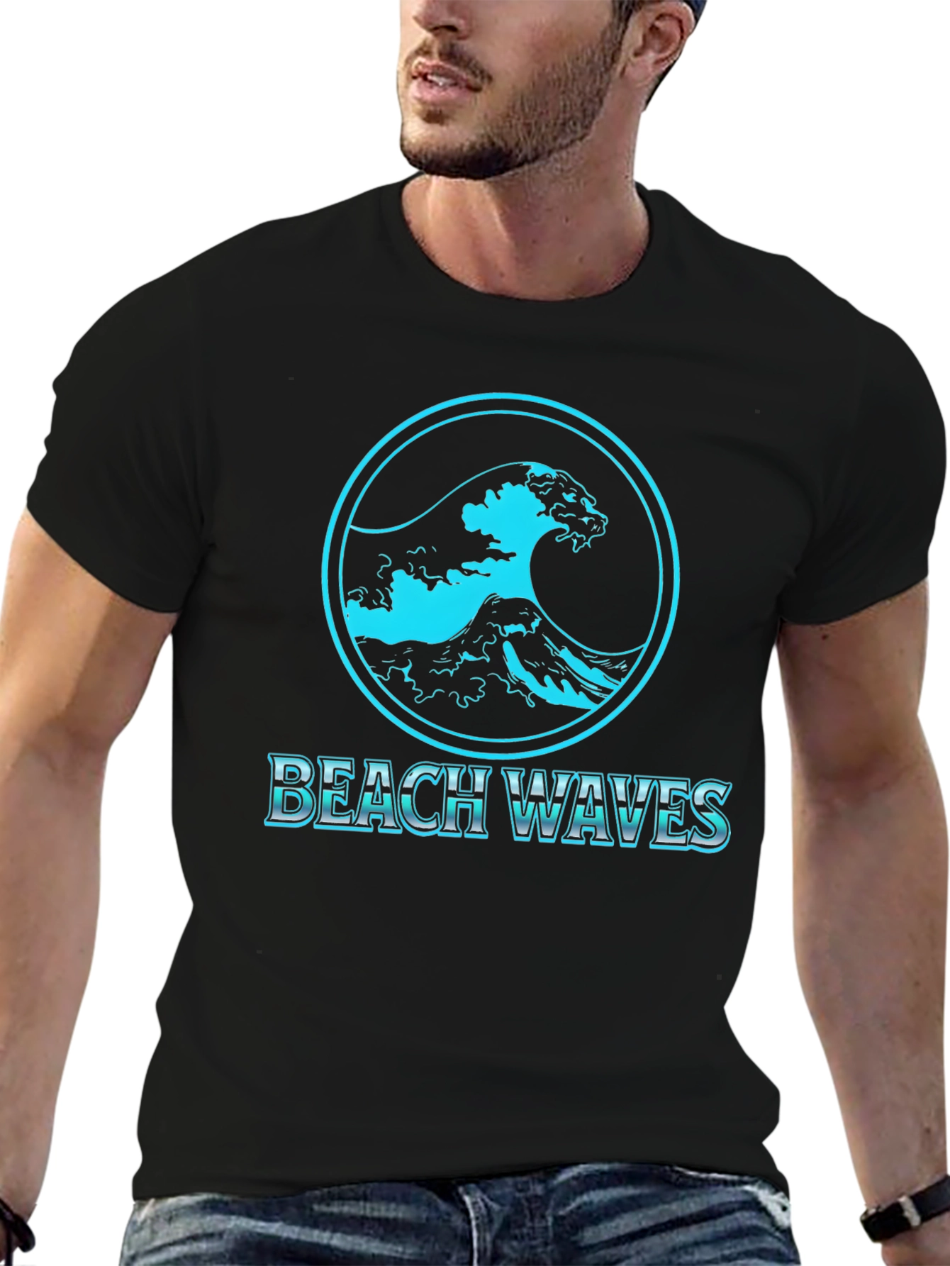 Beach Waves Graphic Tee - Black Cotton T-Shirt