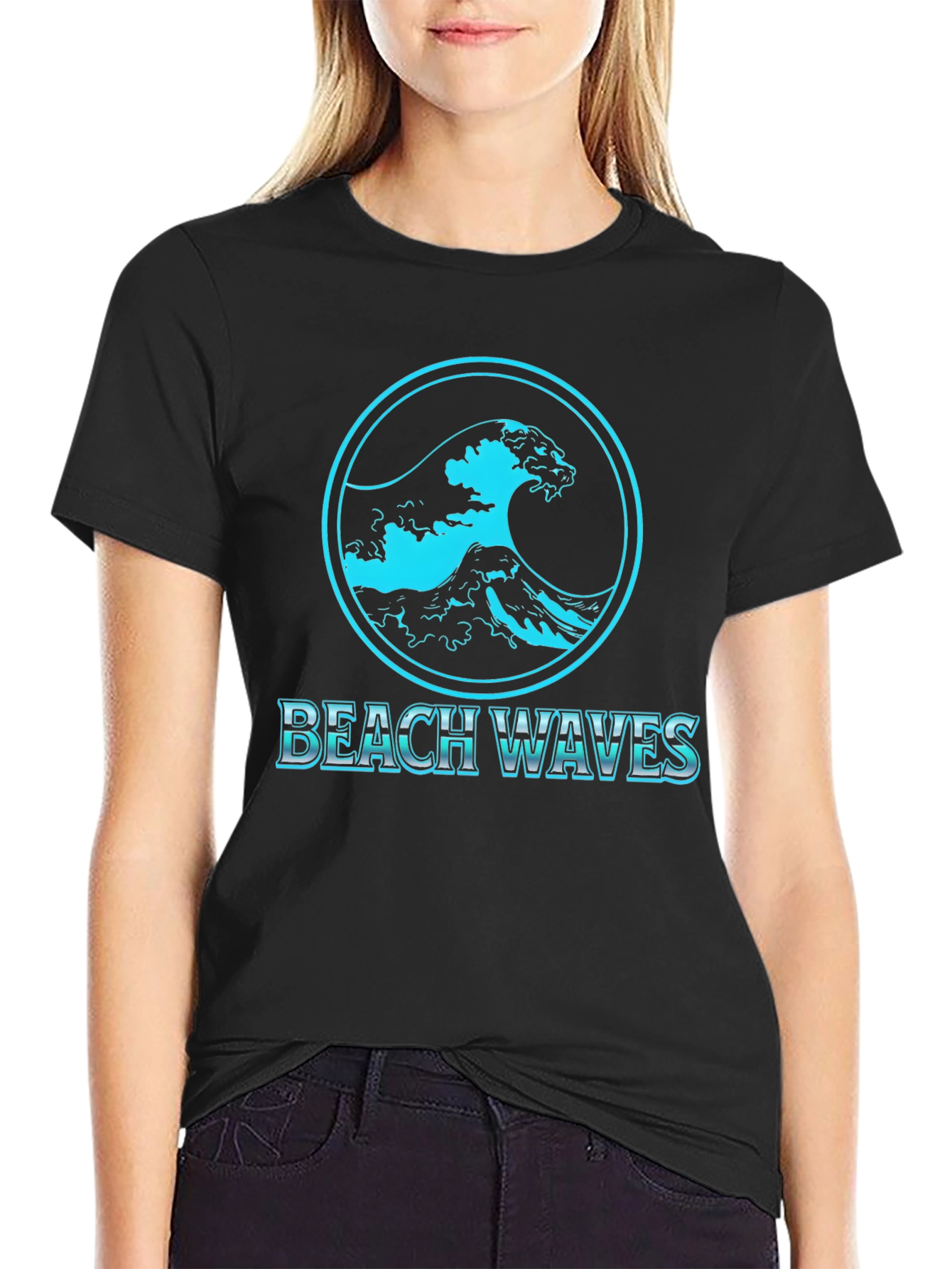 Beach Waves Graphic Tee - Black Cotton T-Shirt