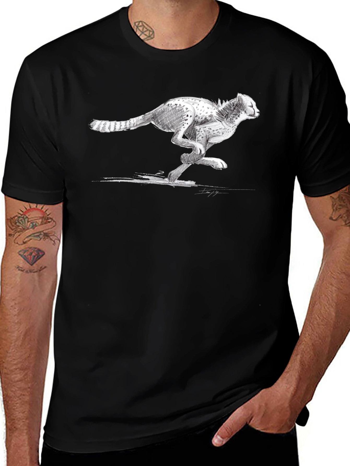 Cheetah Sketch Graphic Tee - Black Cotton T-Shirt