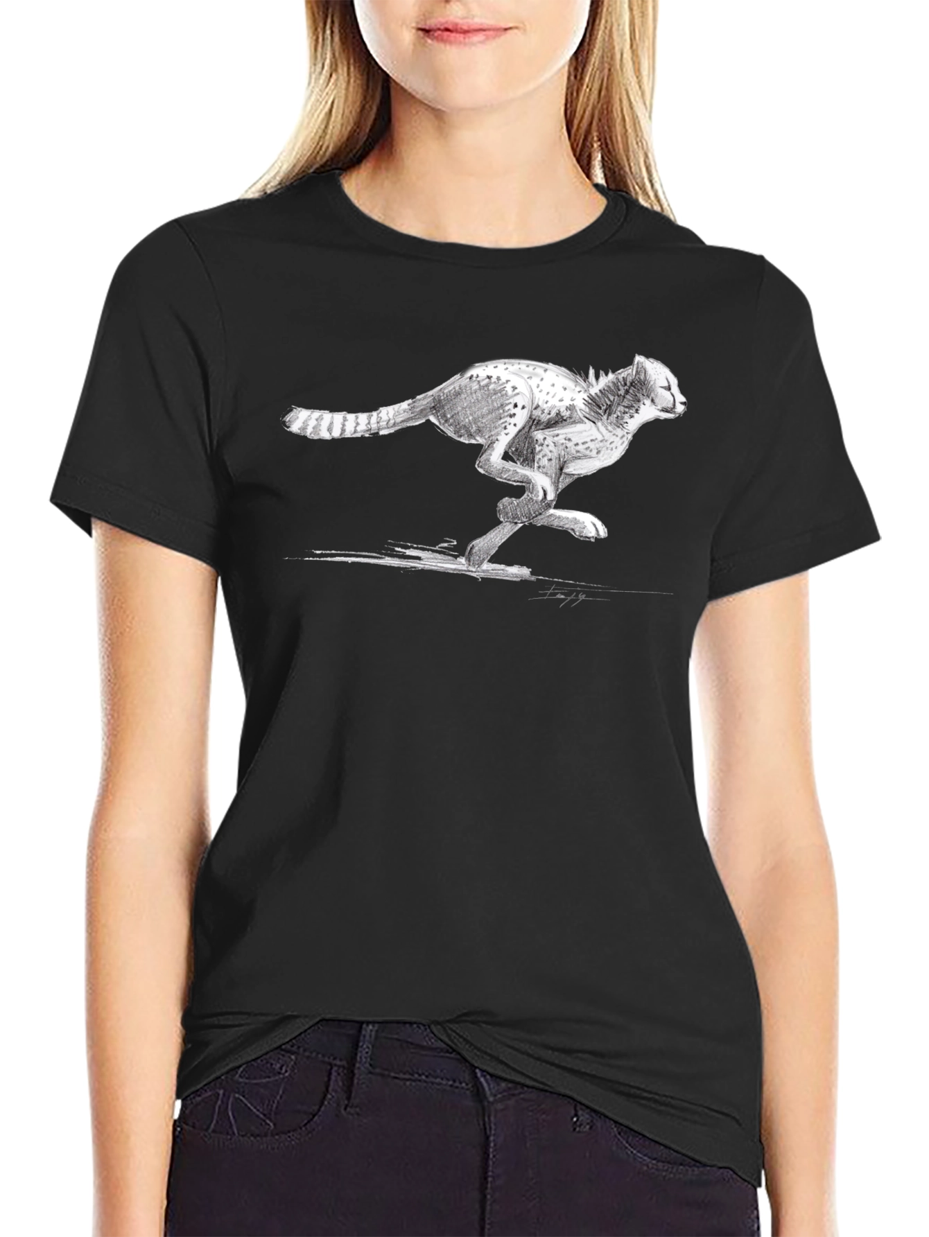 Cheetah Sketch Graphic Tee - Black Cotton T-Shirt