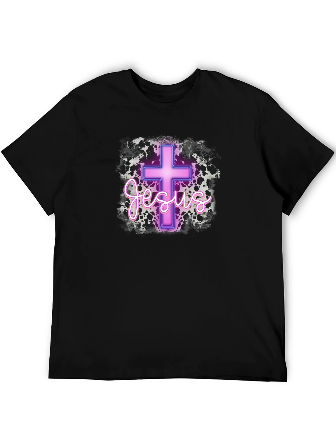 Neon Jesus Cross Graphic Black T-Shirt