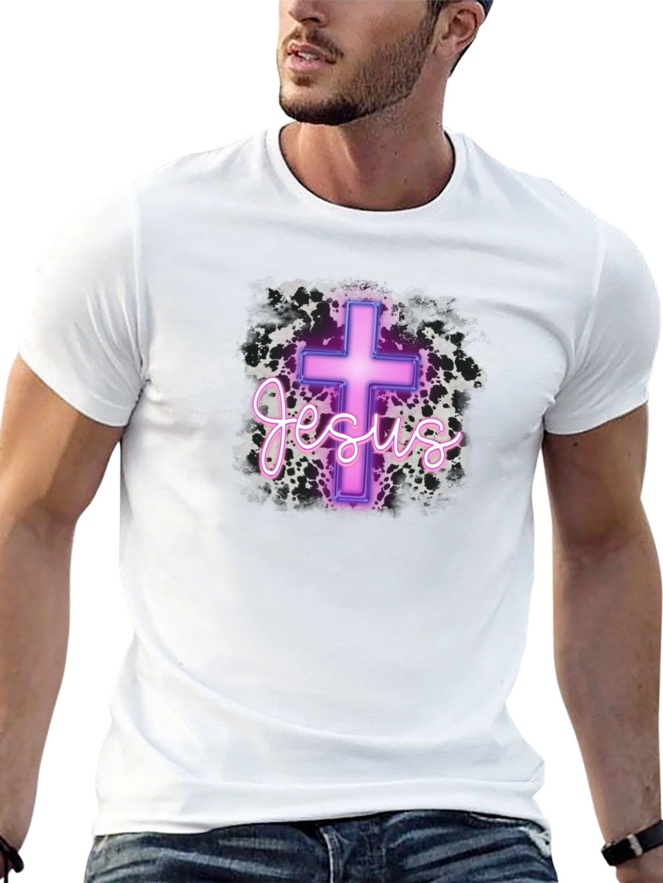 Neon Jesus Cross Graphic Black T-Shirt
