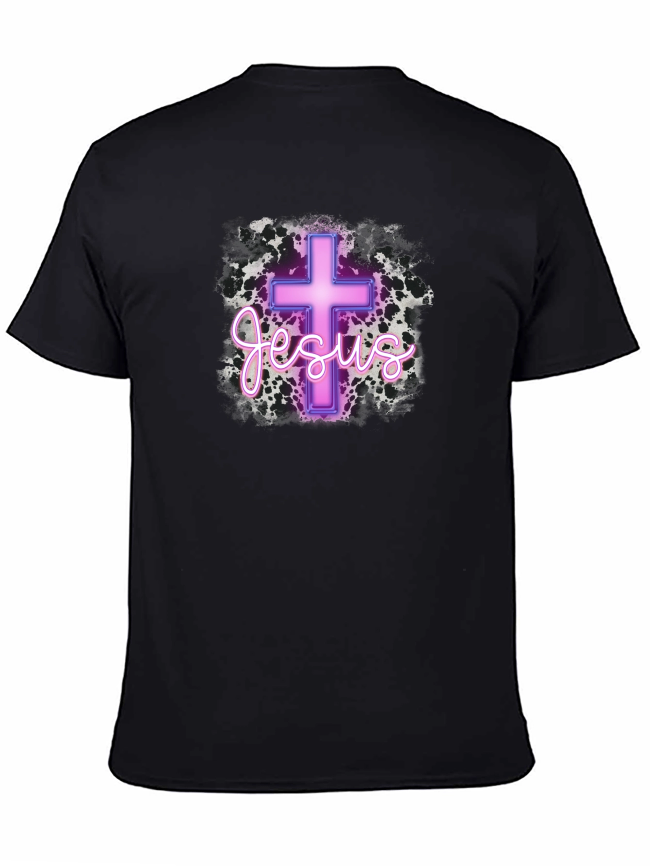Neon Jesus Cross Graphic Black T-Shirt