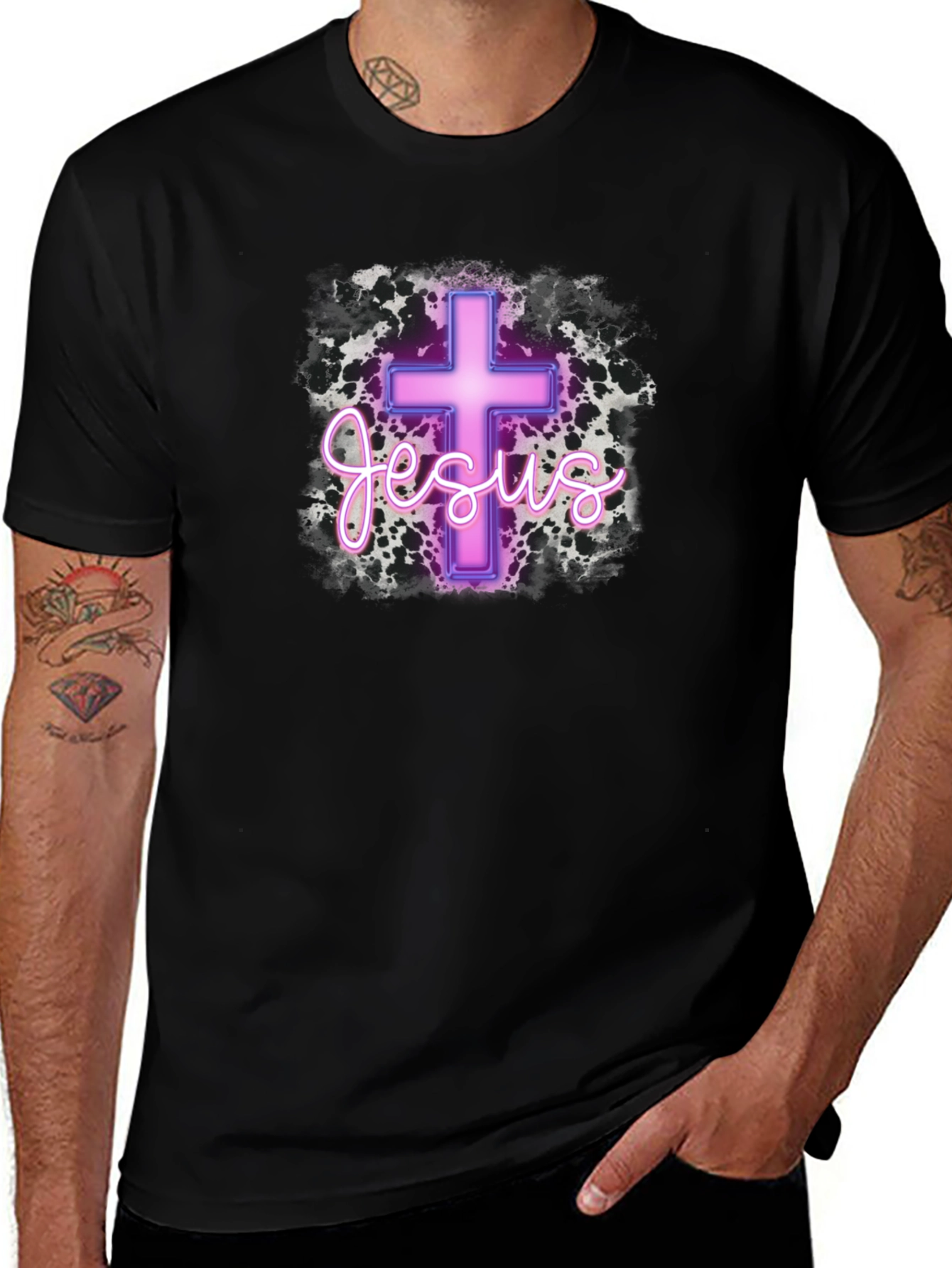 Neon Jesus Cross Graphic Black T-Shirt