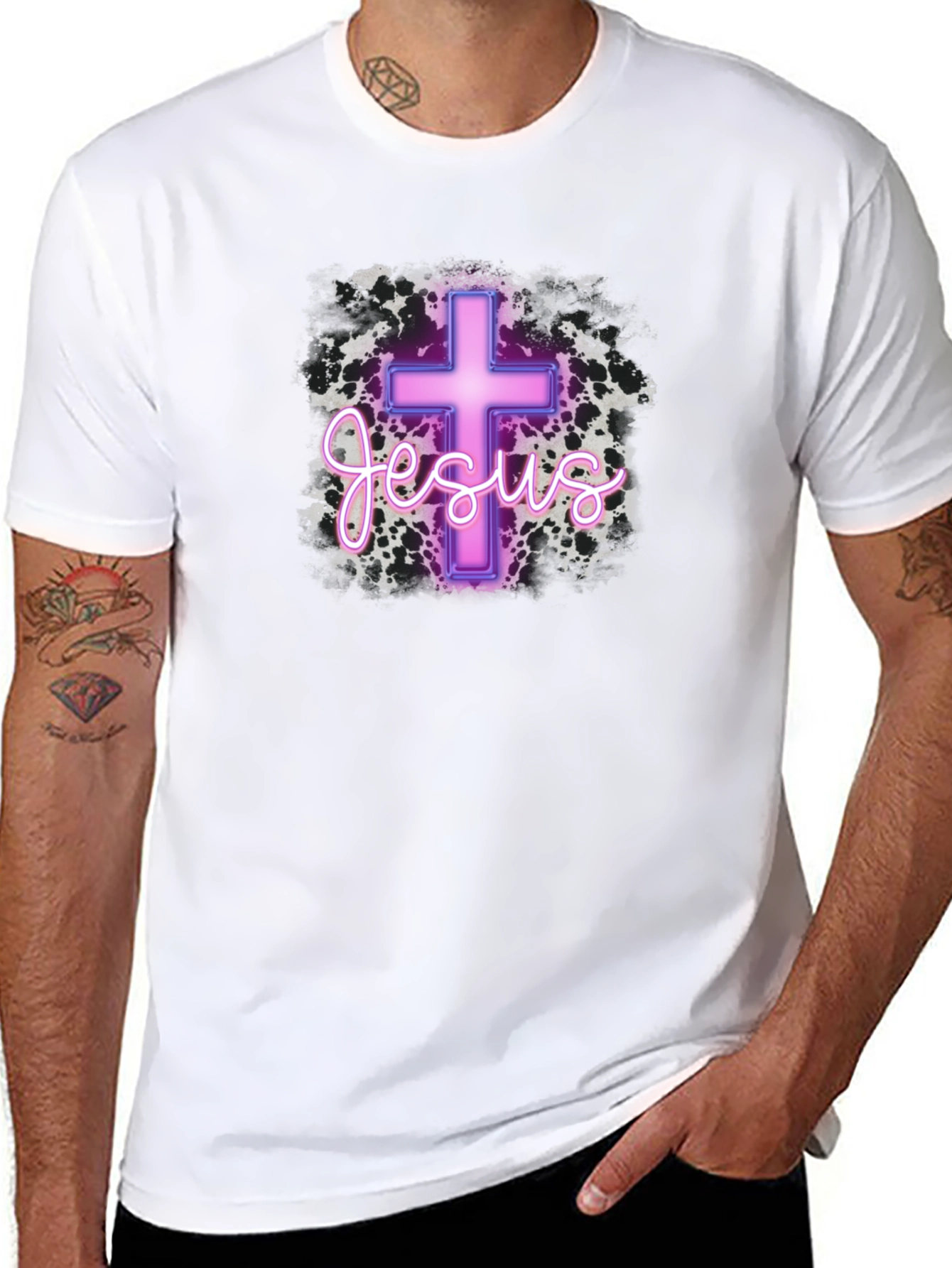 Neon Jesus Cross Graphic Black T-Shirt