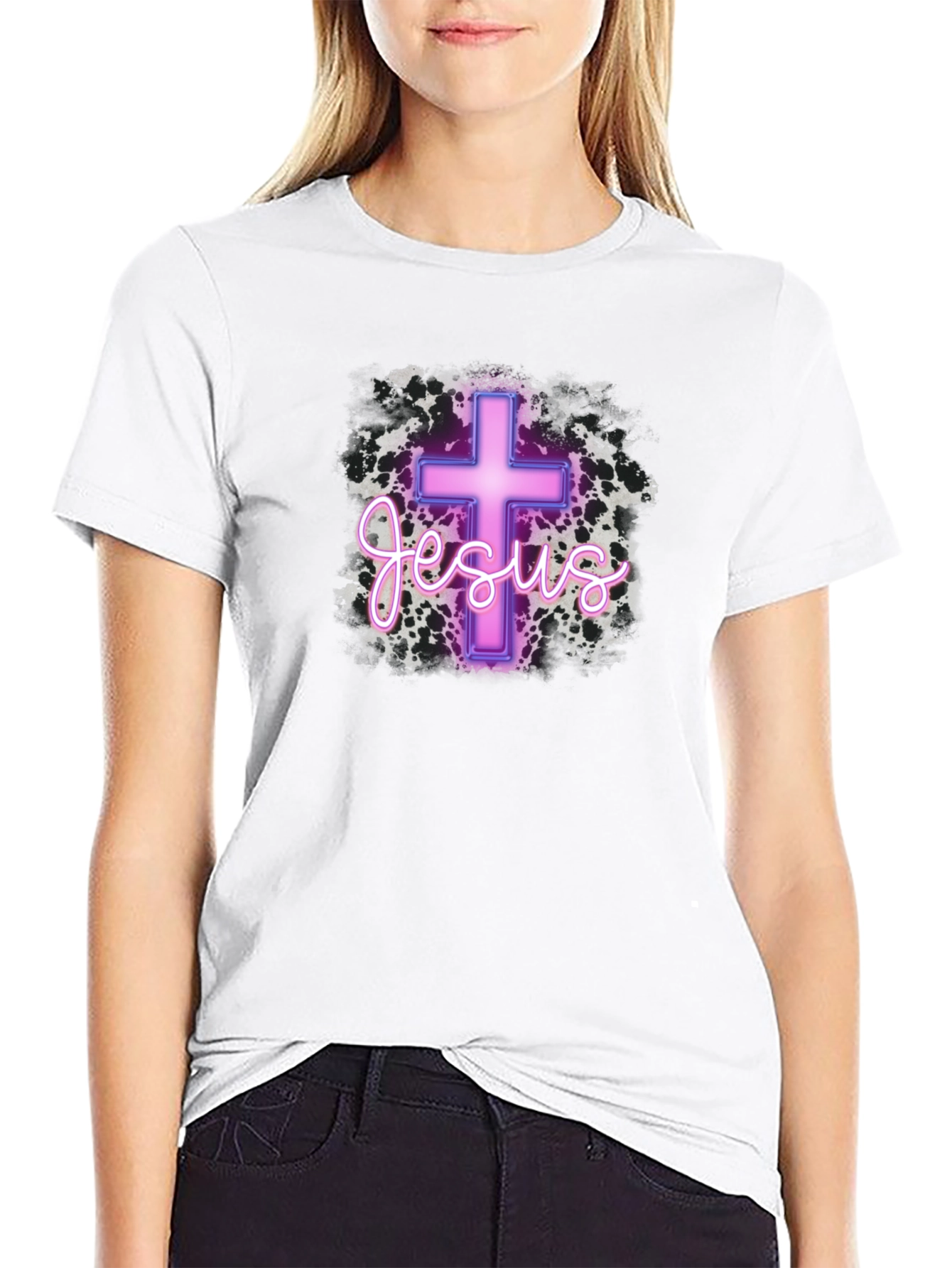Neon Jesus Cross Graphic Black T-Shirt