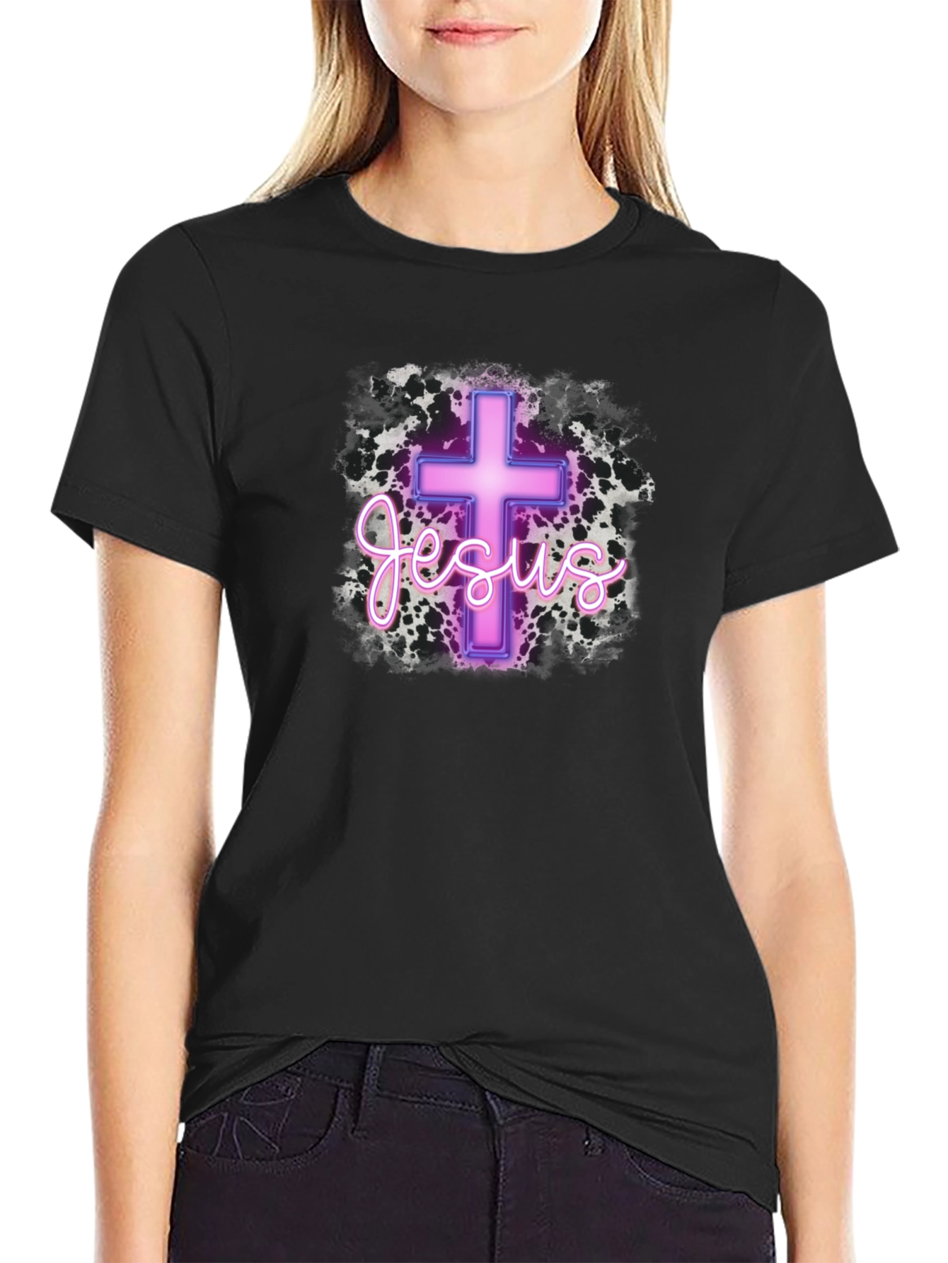 Neon Jesus Cross Graphic Black T-Shirt
