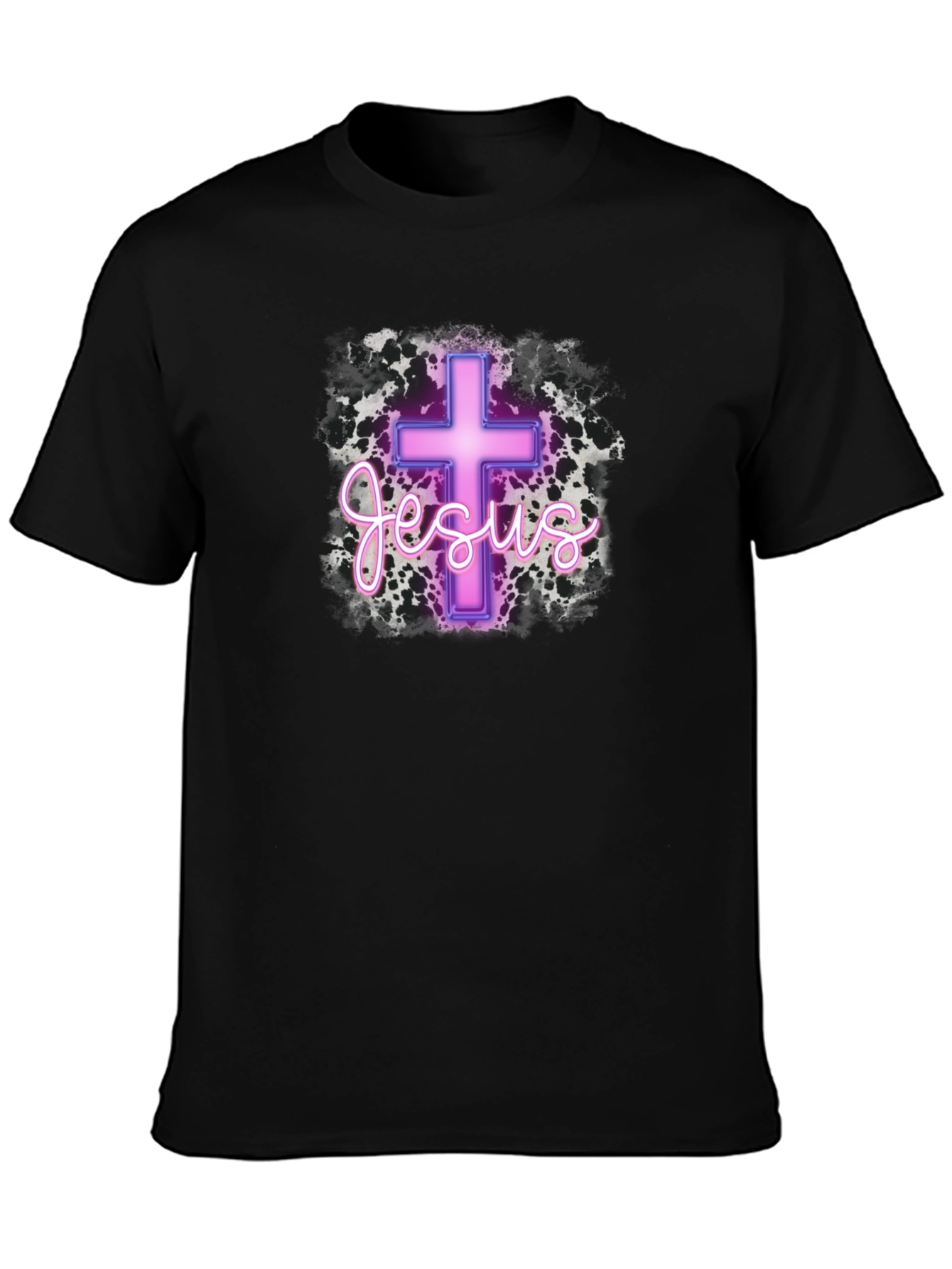 Neon Jesus Cross Graphic Black T-Shirt