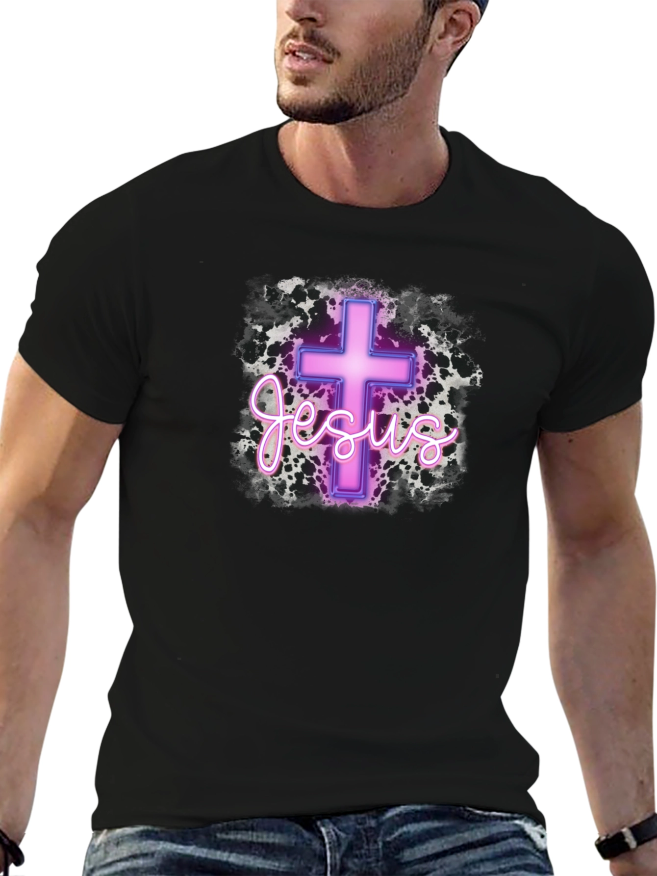 Neon Jesus Cross Graphic Black T-Shirt