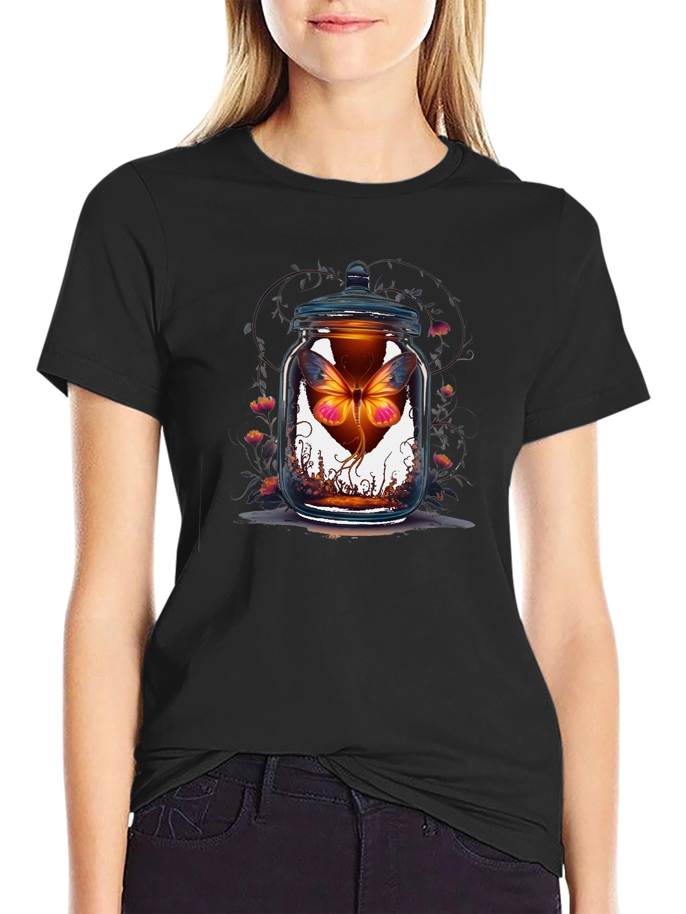 Butterfly in Jar Graphic Tee - Black Cotton T-Shirt