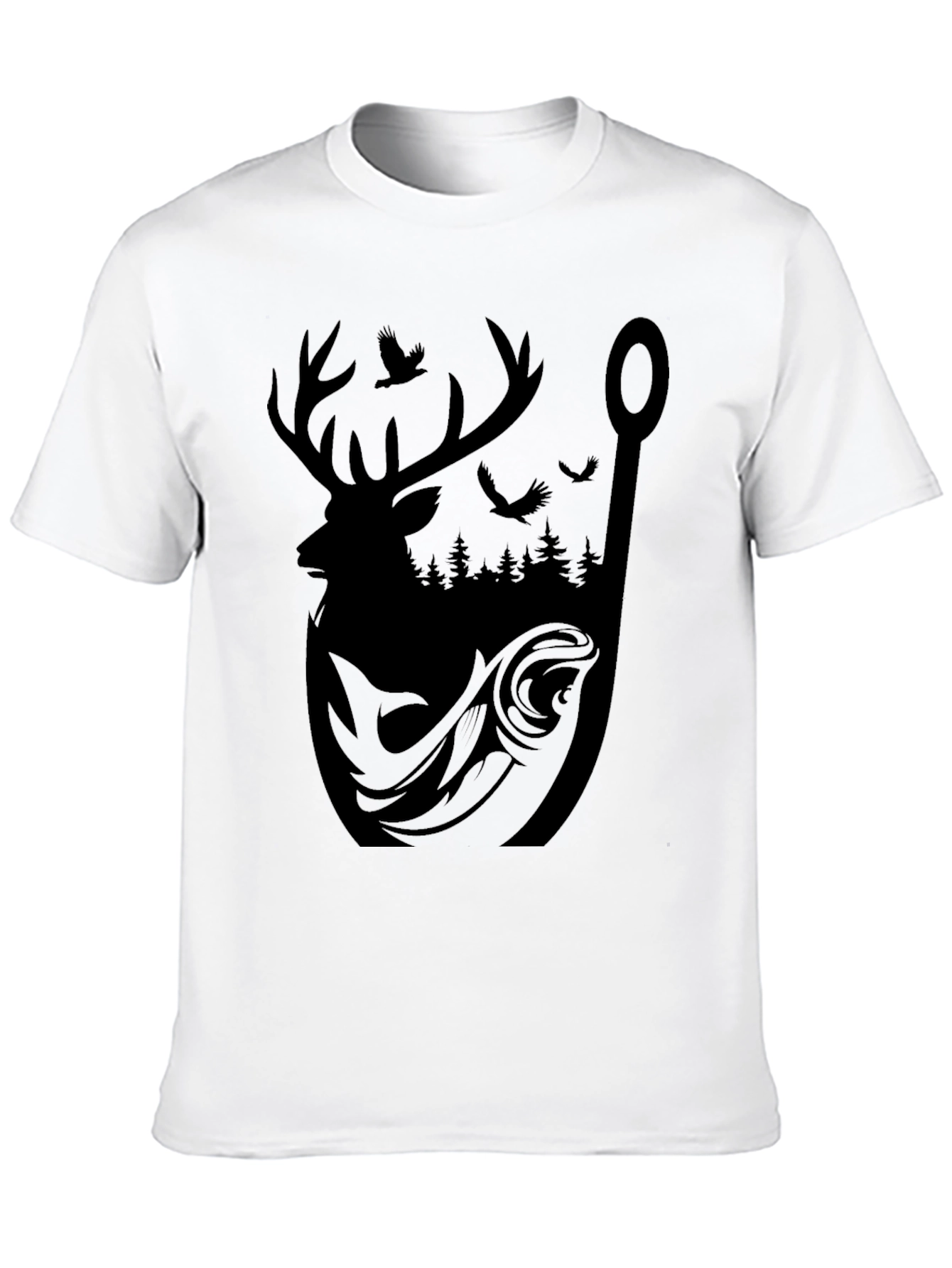 Mens Graphic Tee: Deer Fish and Forest Design