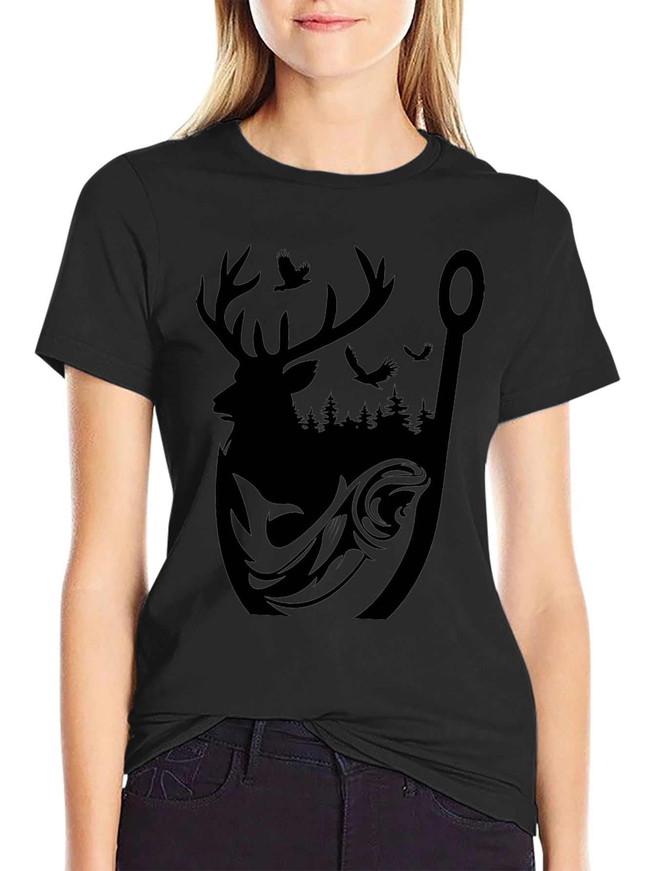 Mens Graphic Tee: Deer Fish and Forest Design