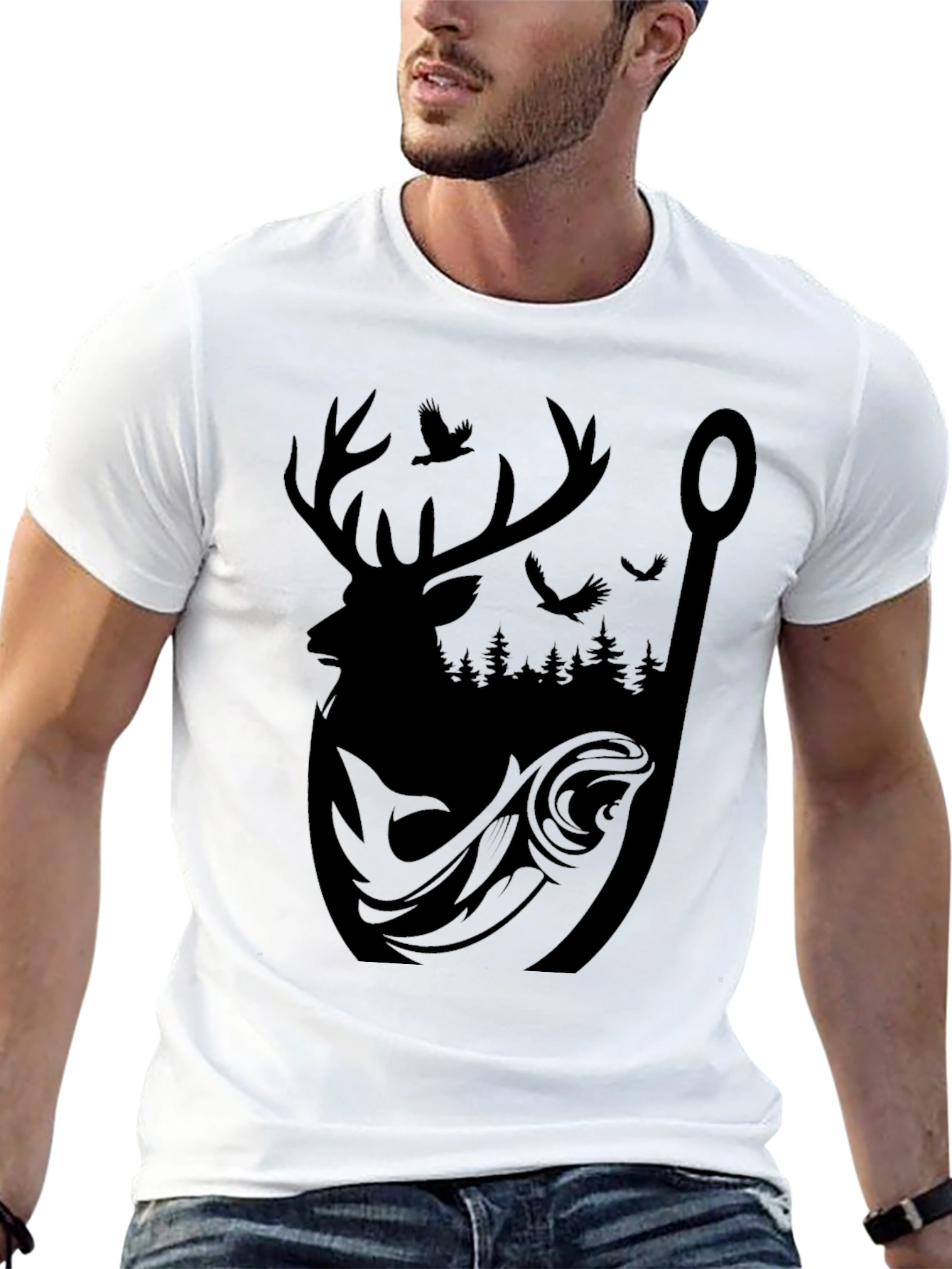 Mens Graphic Tee: Deer Fish and Forest Design