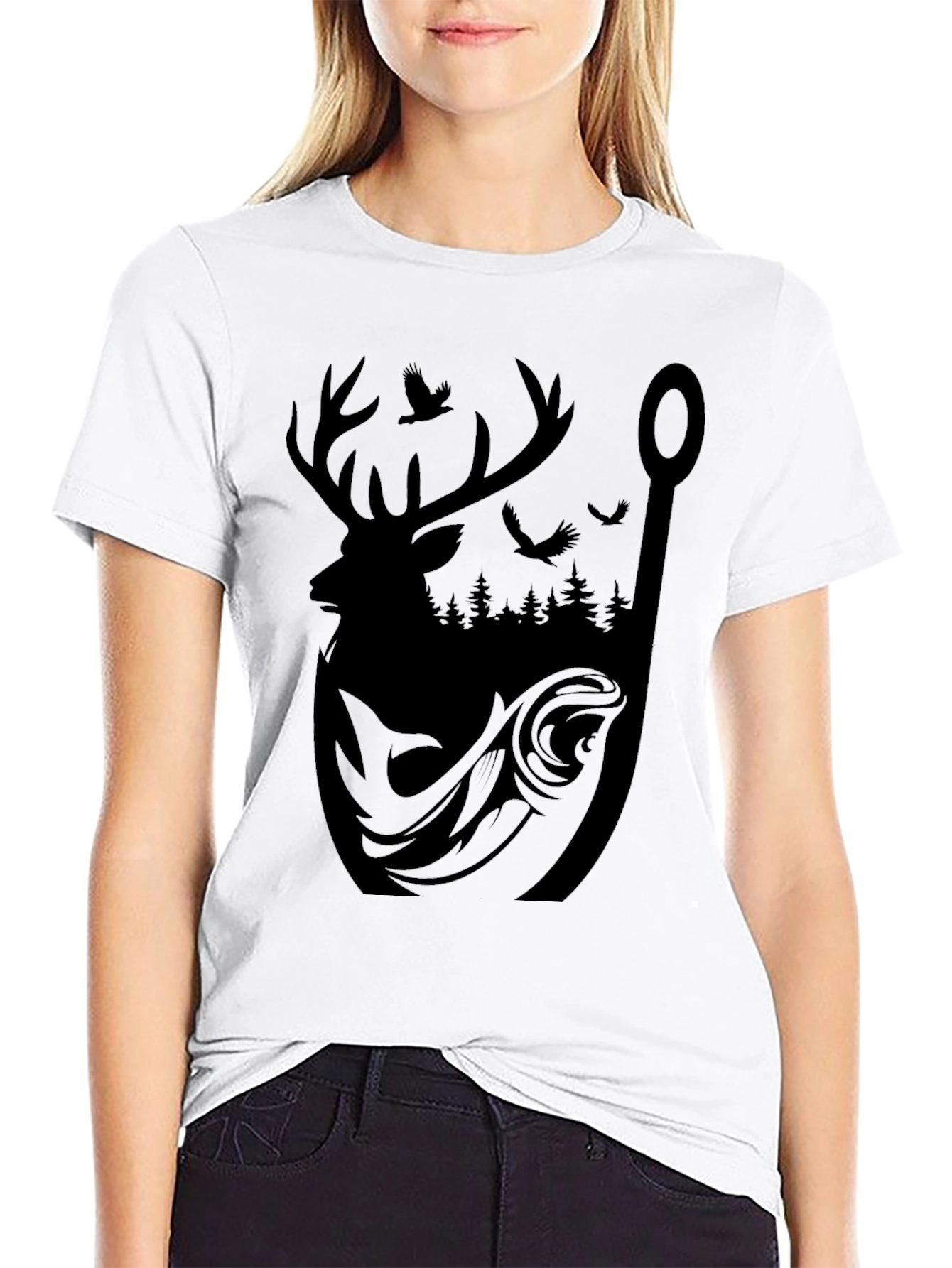Mens Graphic Tee: Deer Fish and Forest Design