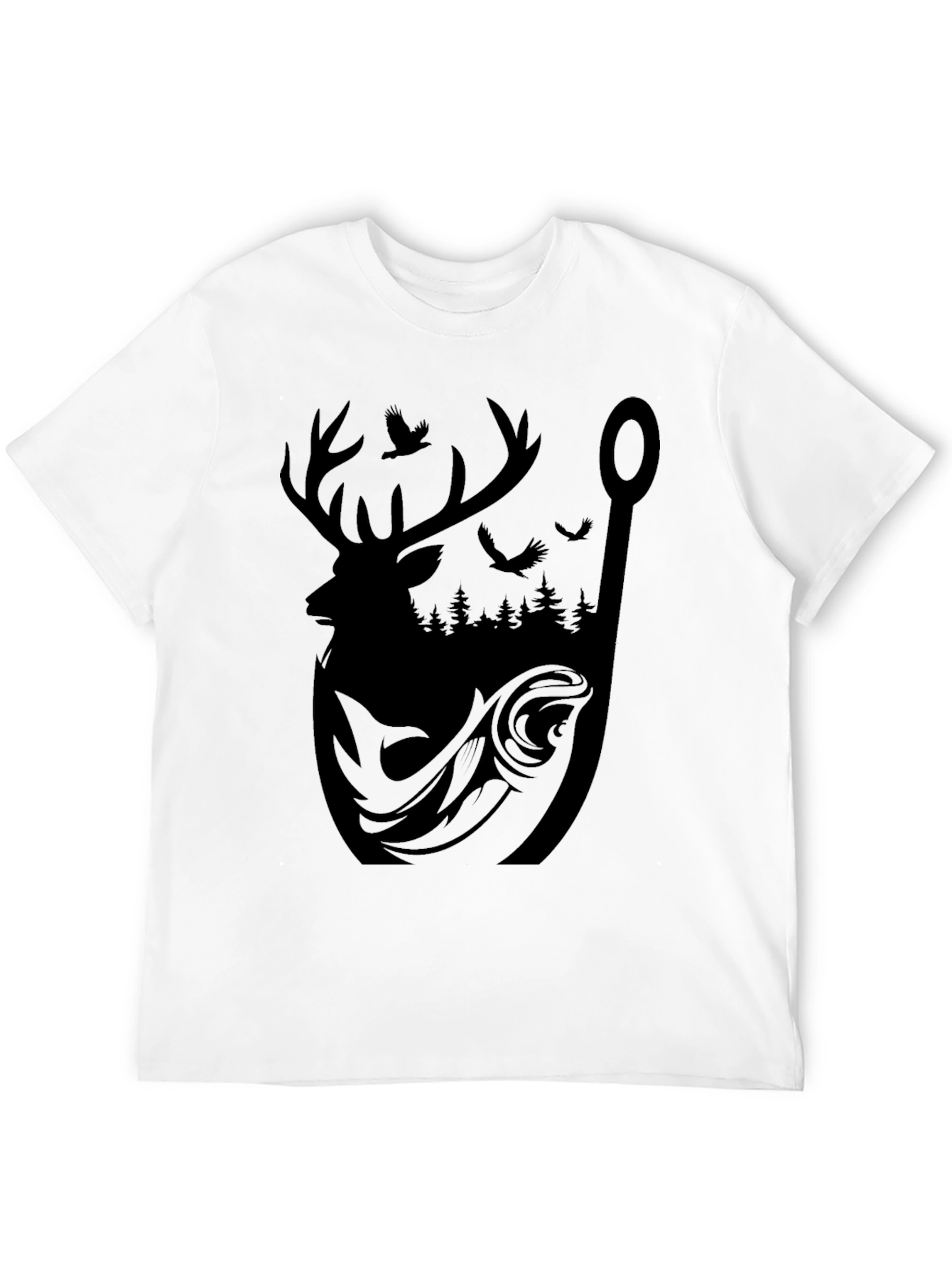 Mens Graphic Tee: Deer Fish and Forest Design
