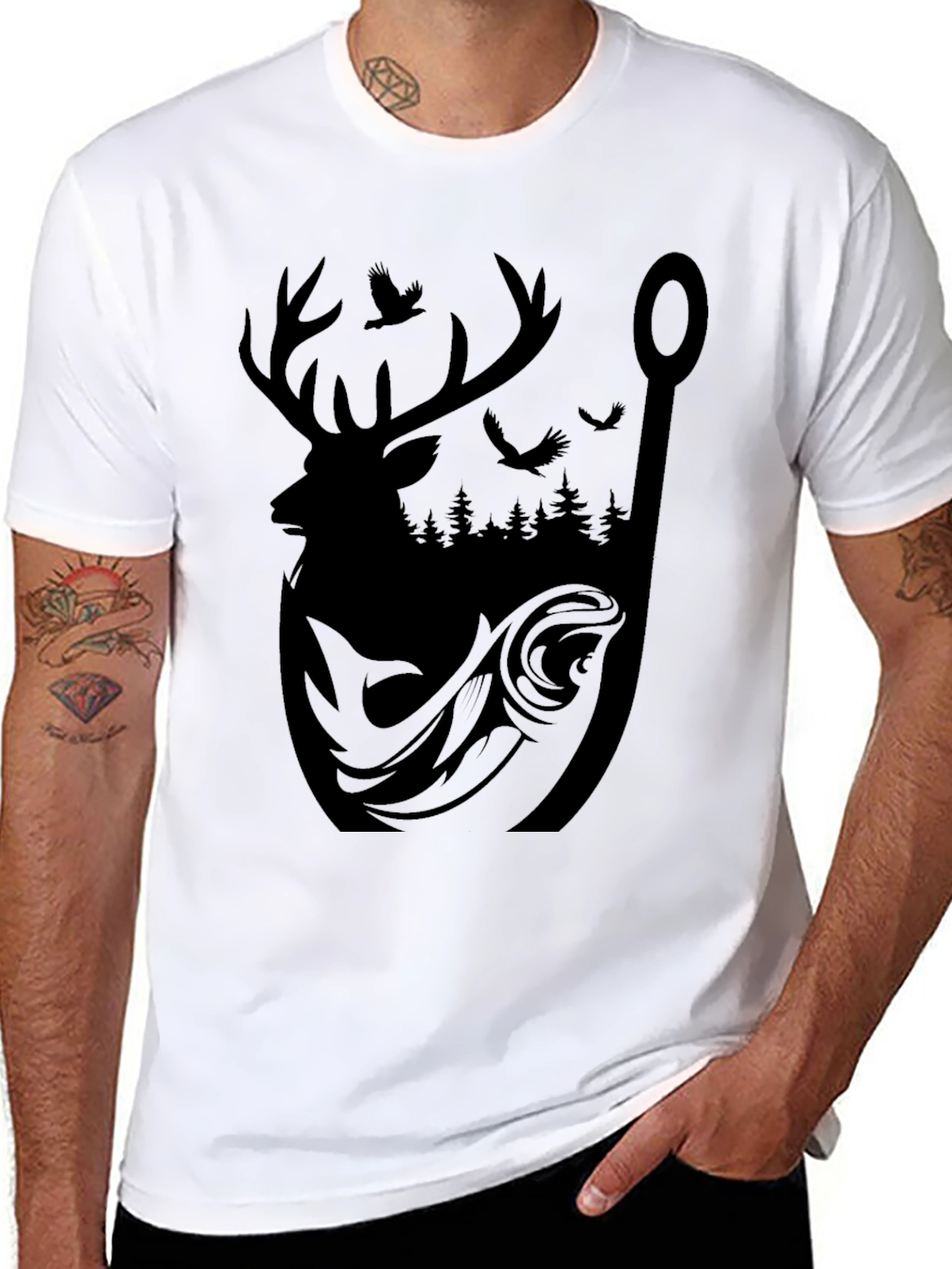 Mens Graphic Tee: Deer Fish and Forest Design