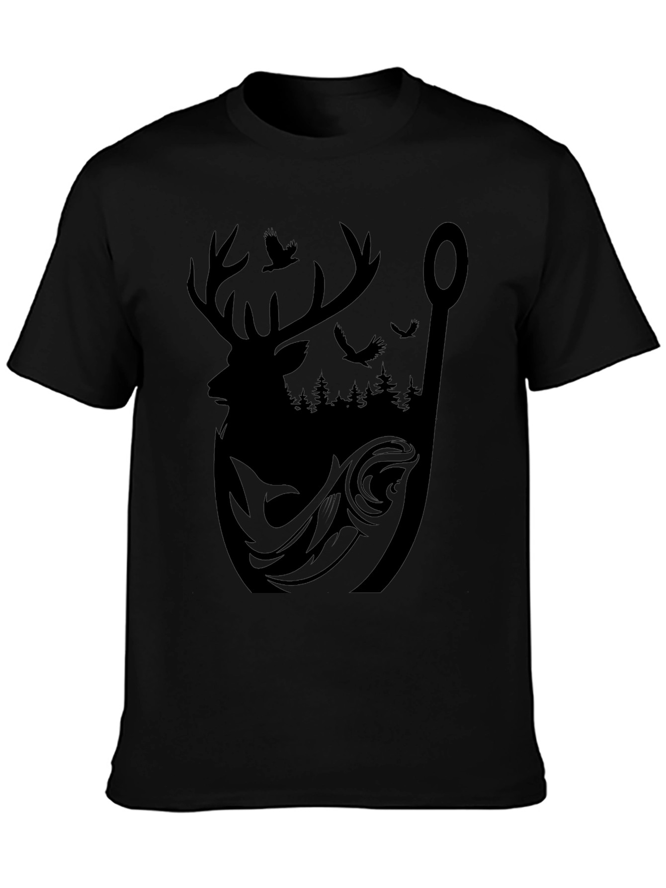Mens Graphic Tee: Deer Fish and Forest Design