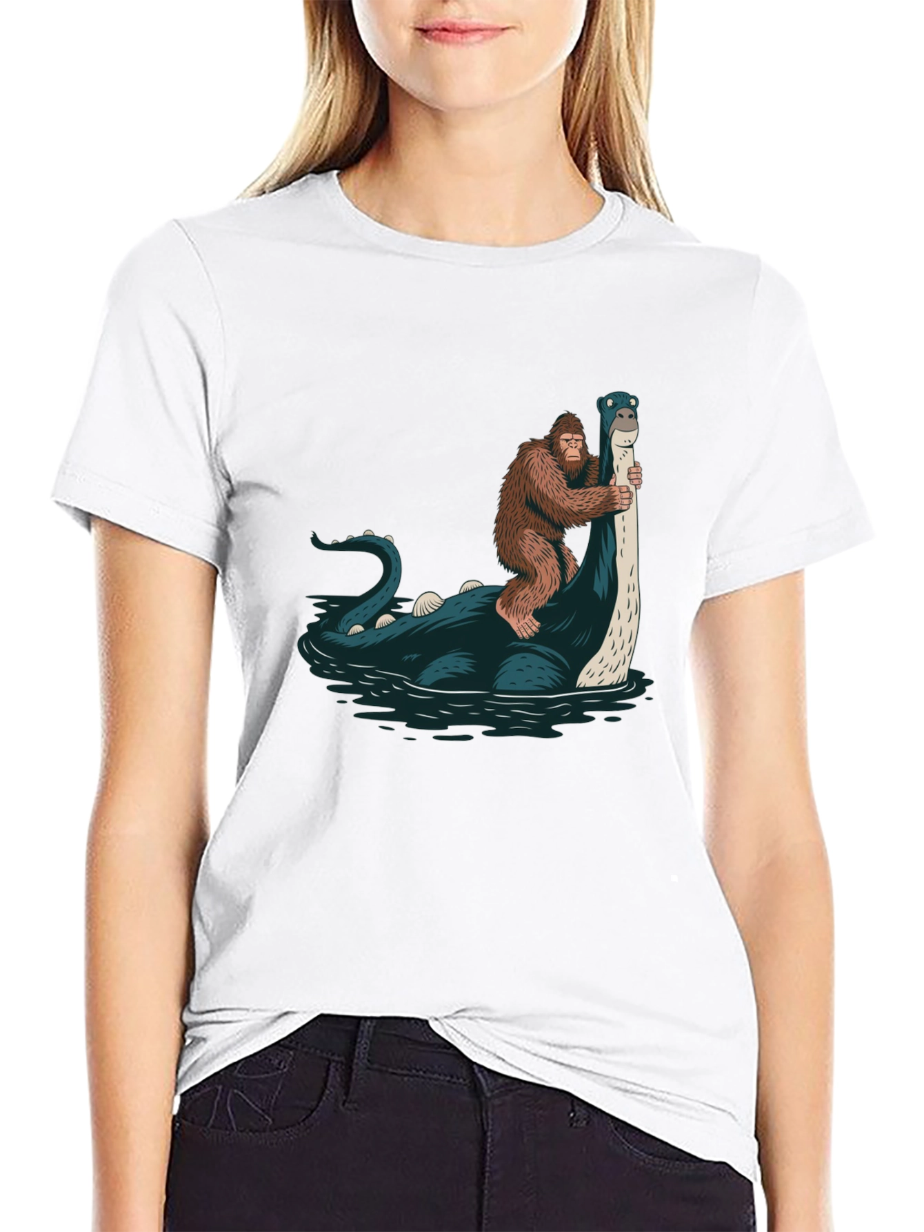 Bigfoot Riding Loch Ness Monster T-Shirt