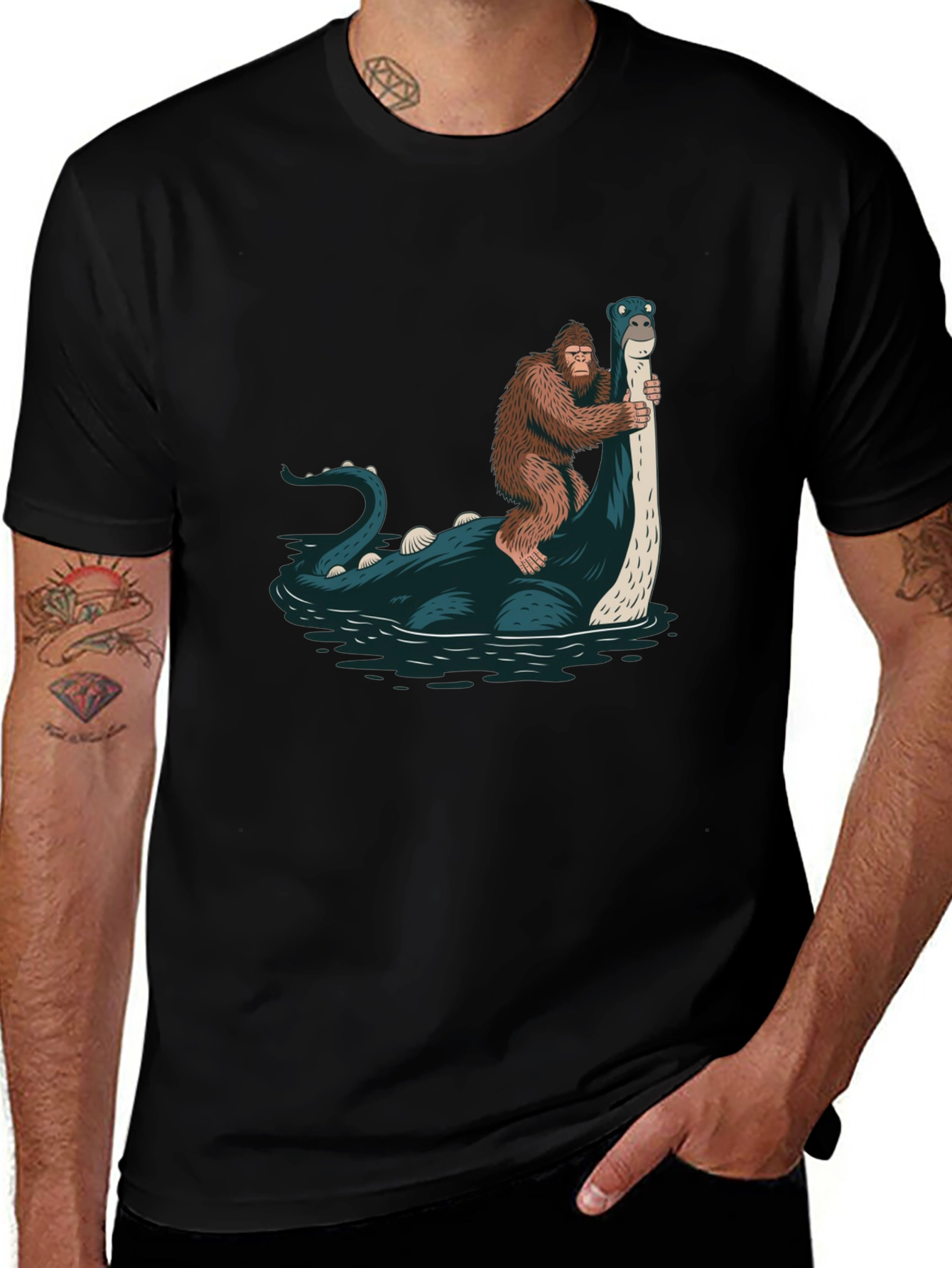 Bigfoot Riding Loch Ness Monster T-Shirt