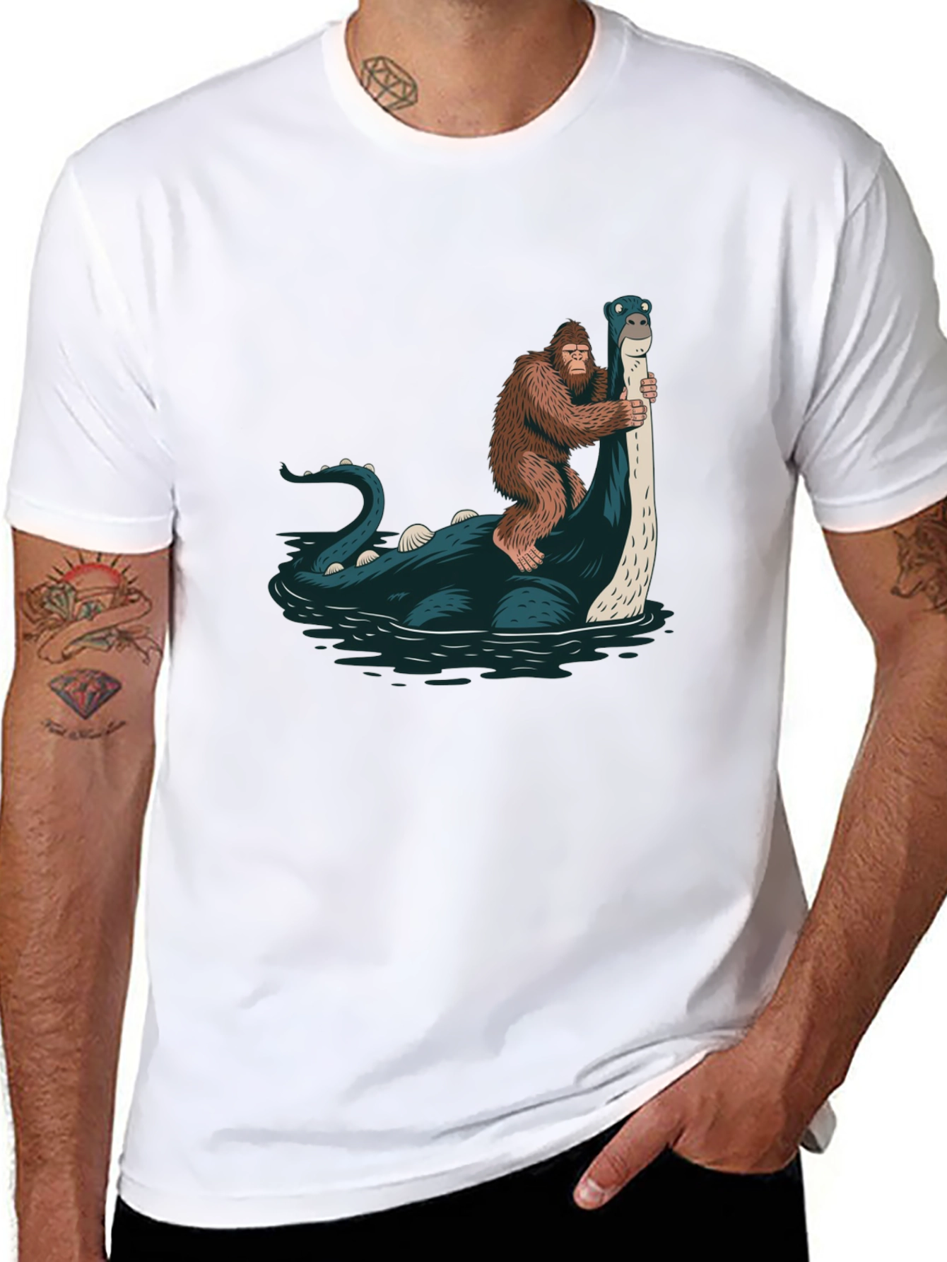 Bigfoot Riding Loch Ness Monster T-Shirt