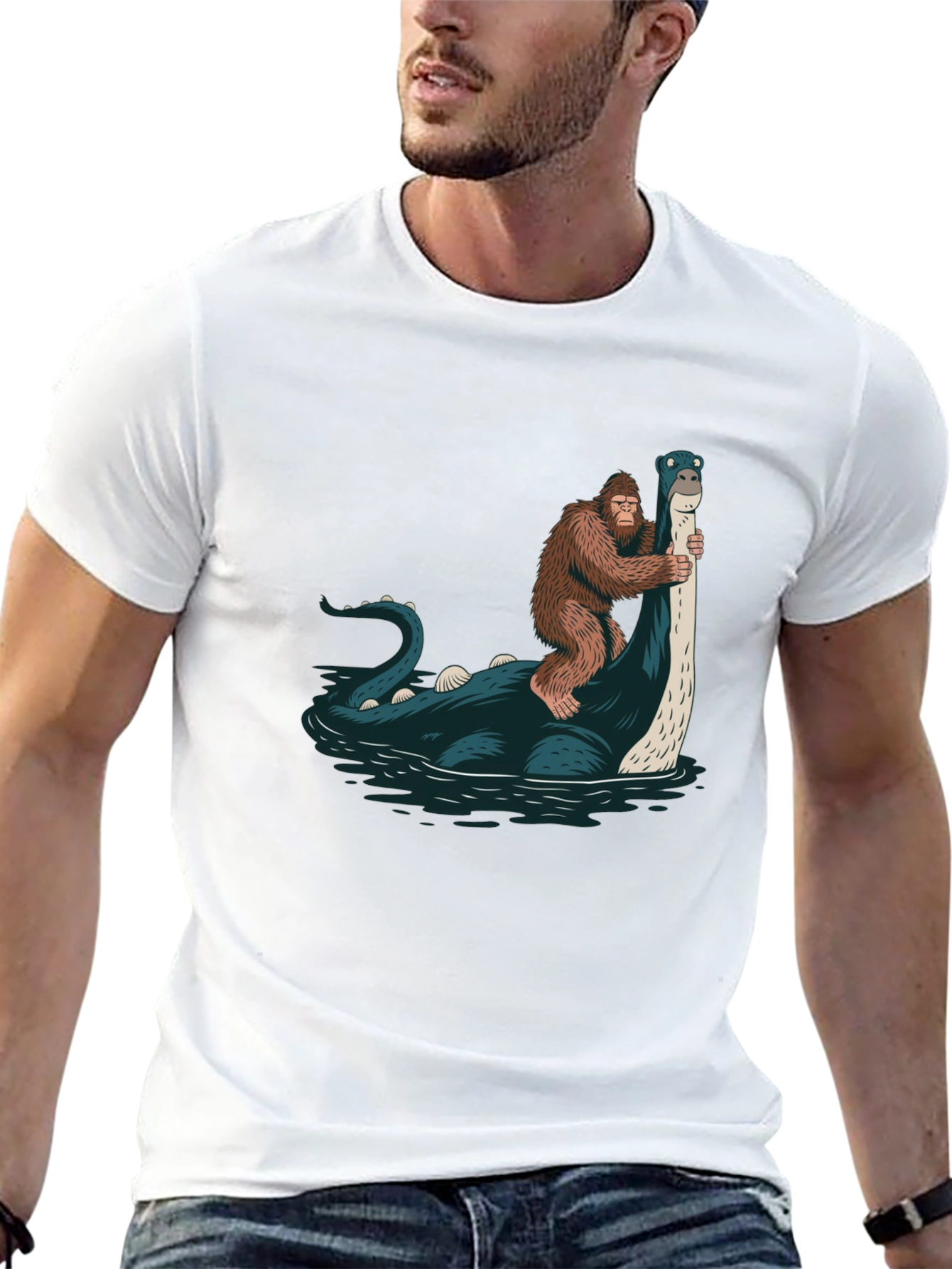 Bigfoot Riding Loch Ness Monster T-Shirt