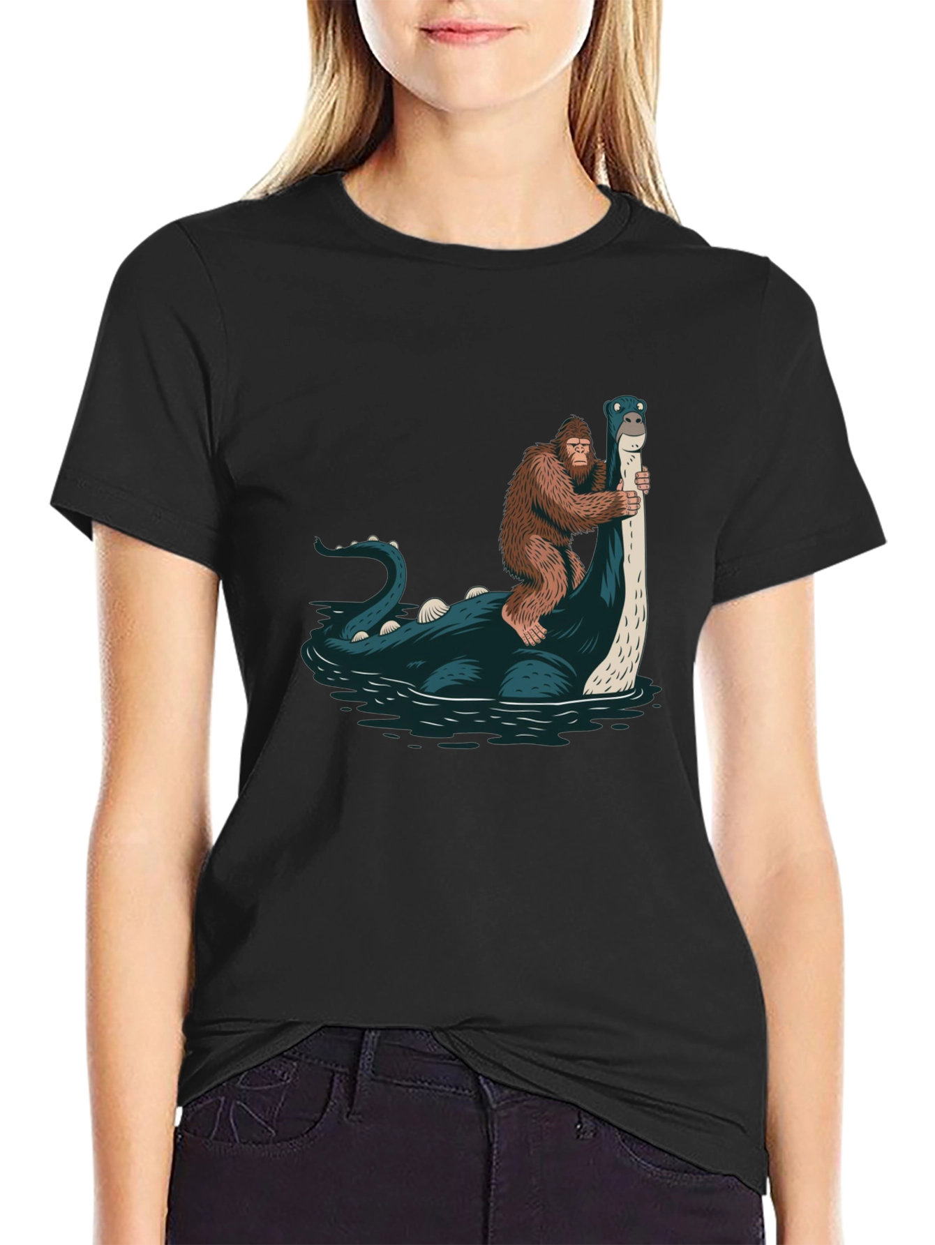 Bigfoot Riding Loch Ness Monster T-Shirt