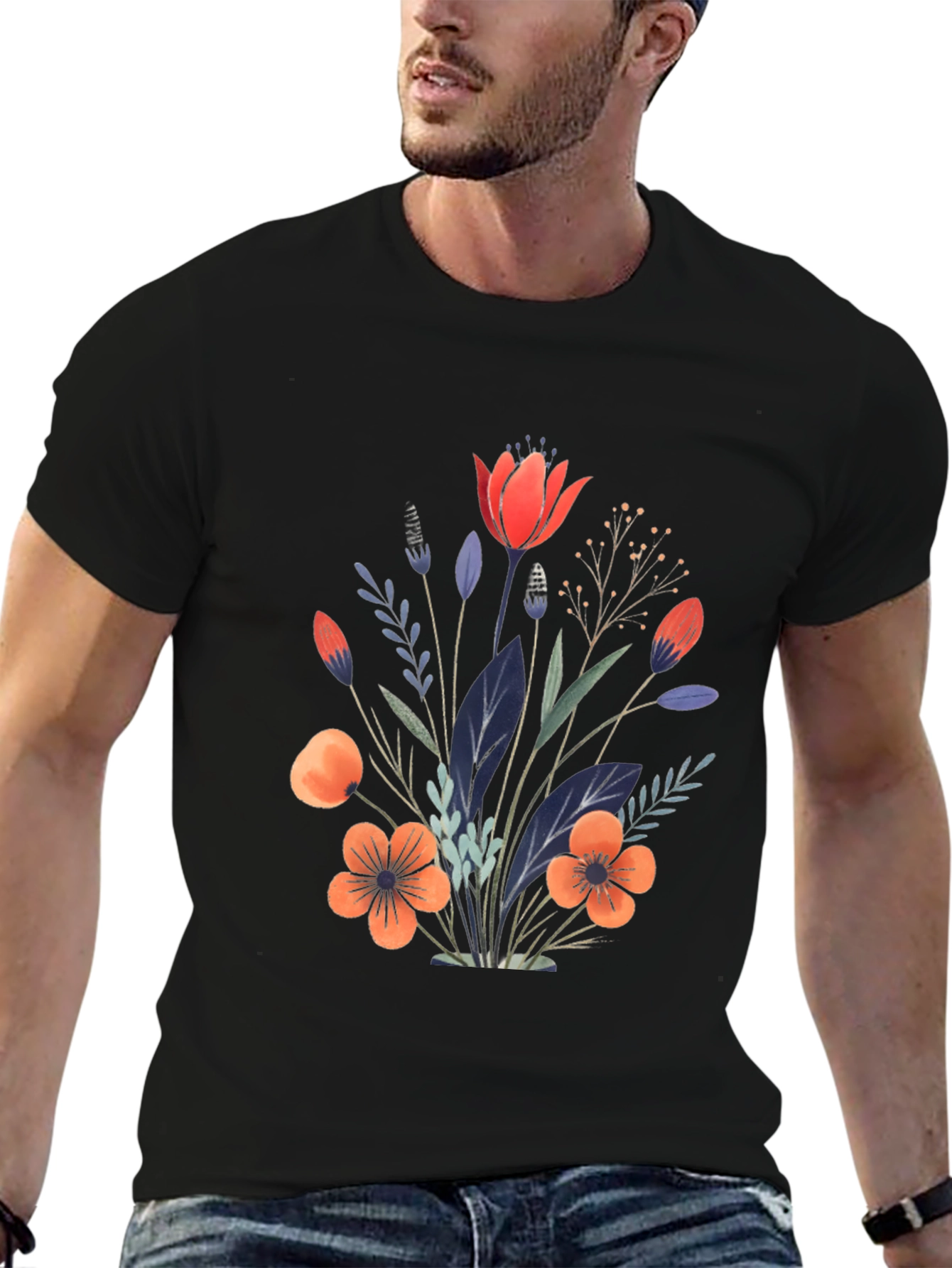 Floral Bouquet Graphic Print Black T-Shirt