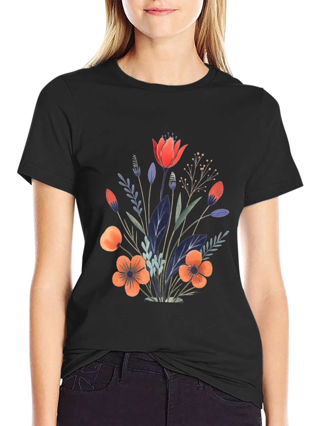 Floral Bouquet Graphic Print Black T-Shirt