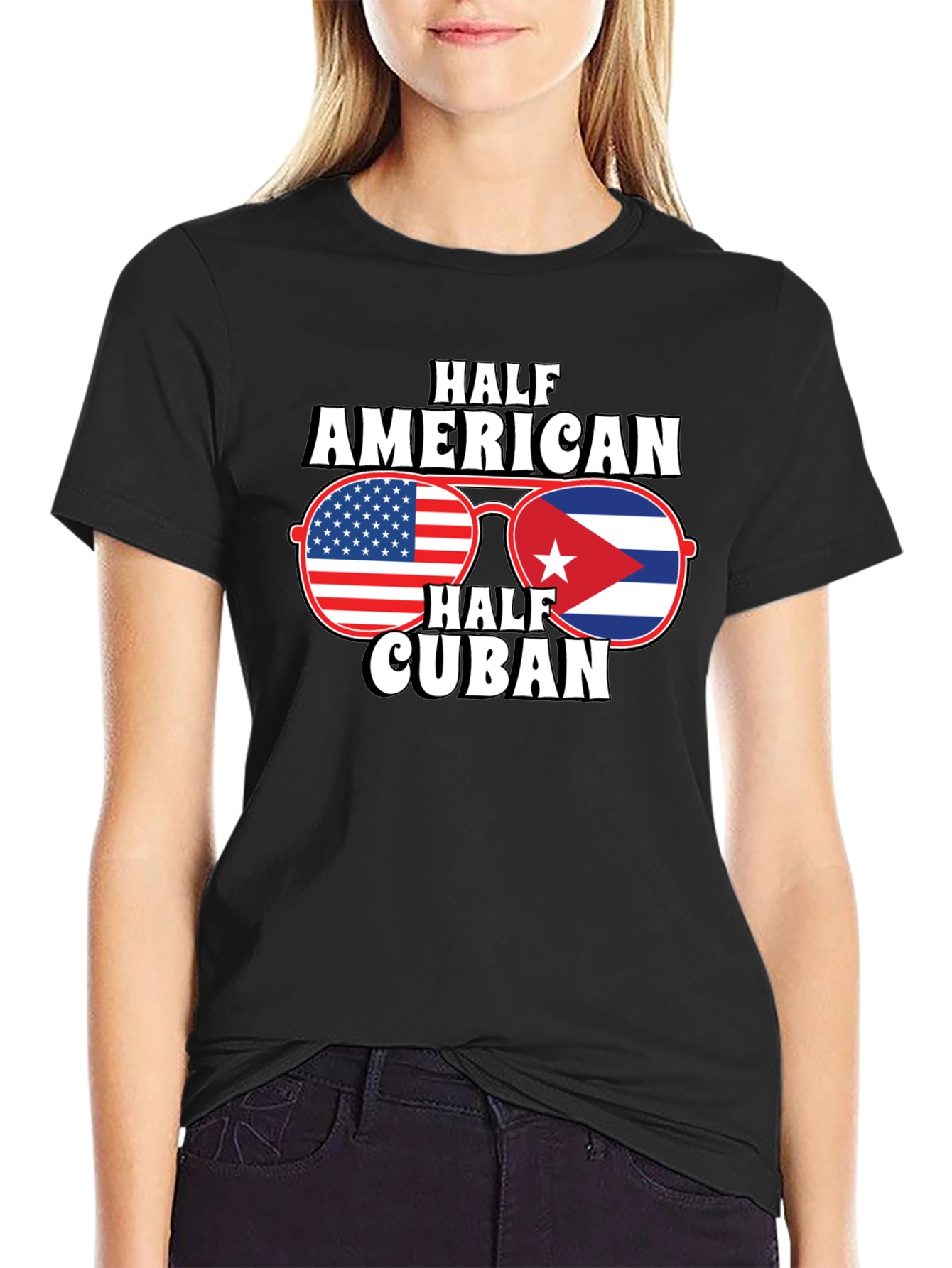 Half American Half Cuban Flag Sunglasses Graphic T-Shirt