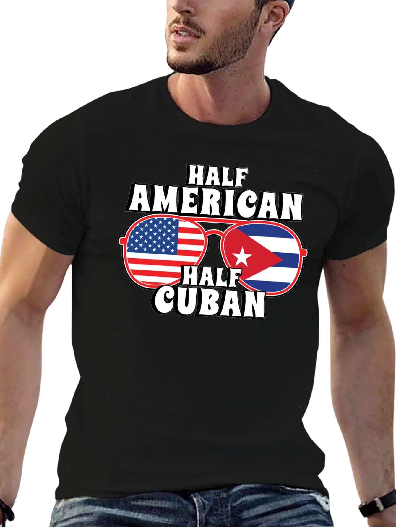 Half American Half Cuban Flag Sunglasses Graphic T-Shirt