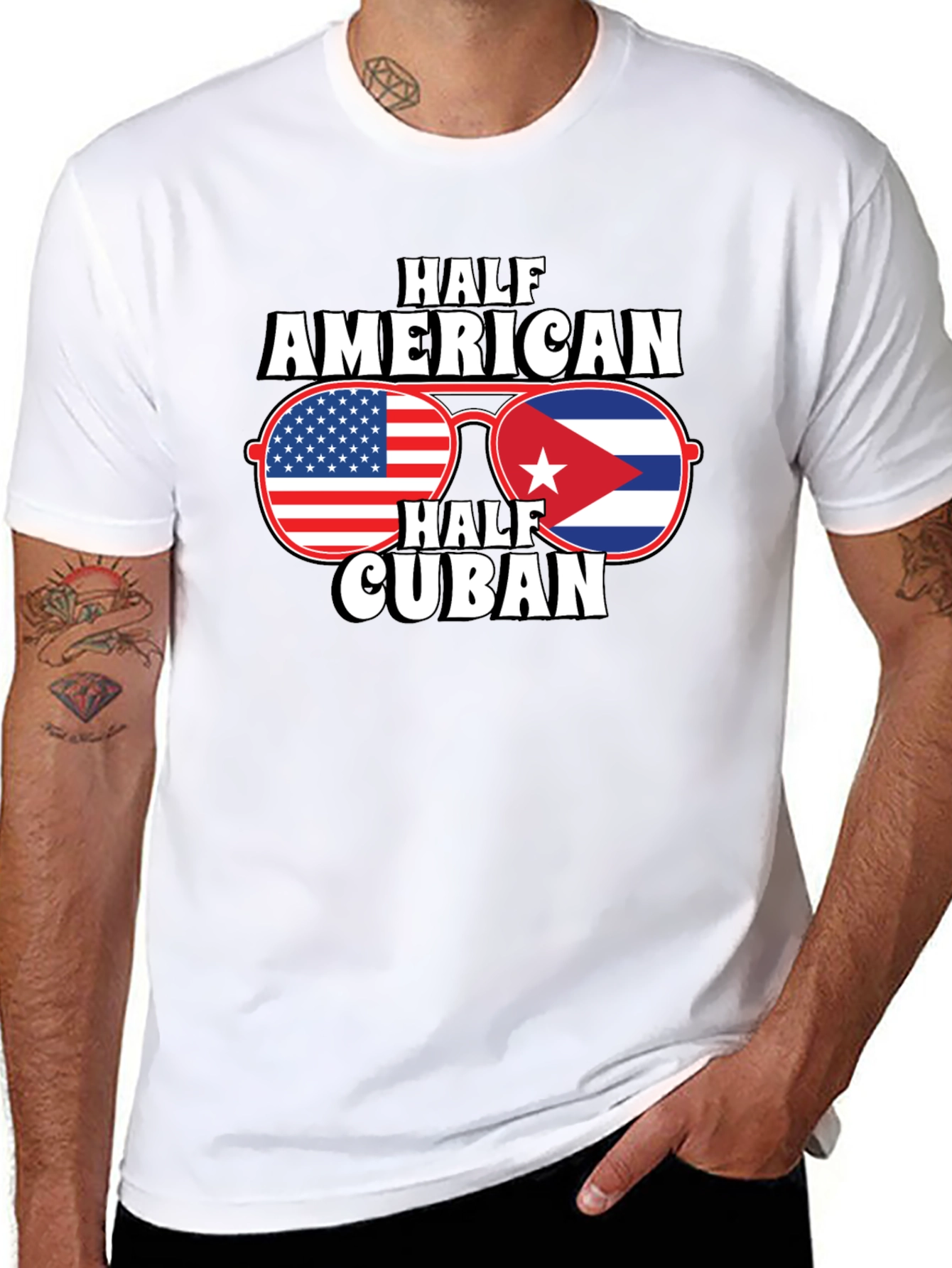 Half American Half Cuban Flag Sunglasses Graphic T-Shirt