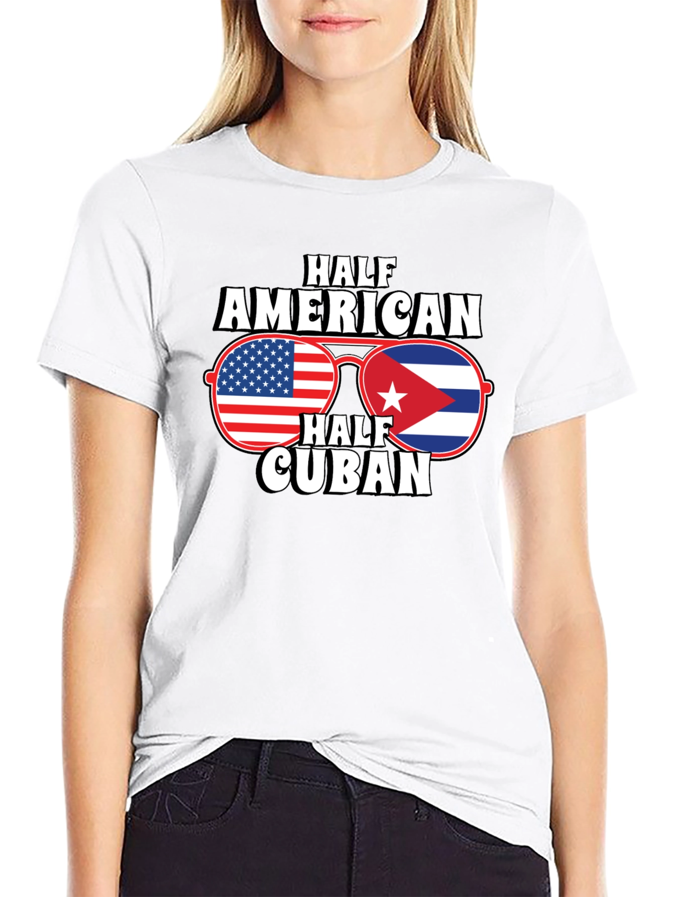 Half American Half Cuban Flag Sunglasses Graphic T-Shirt