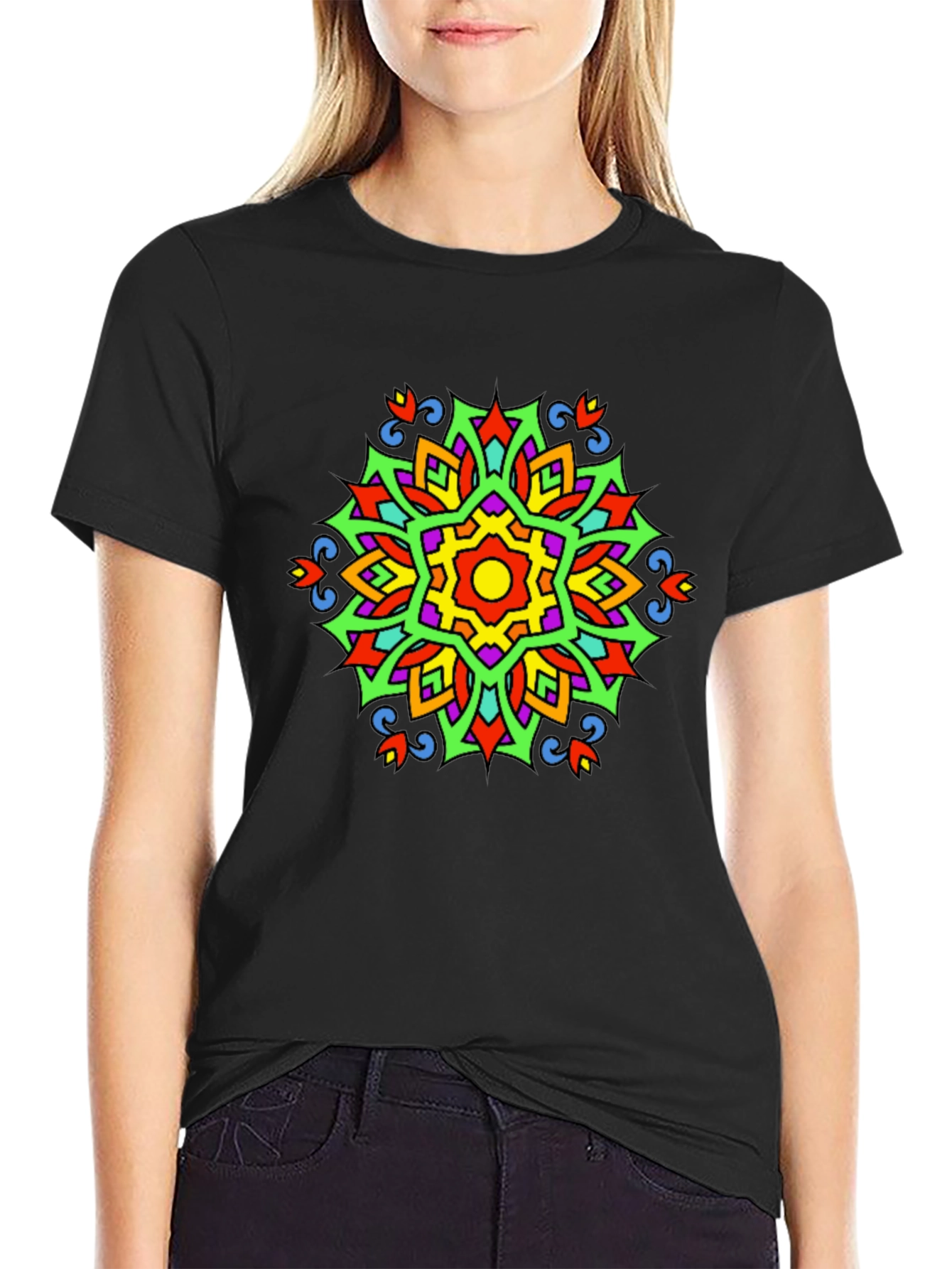 Vibrant Mandala Graphic Print Tee - Black Casual T-Shirt