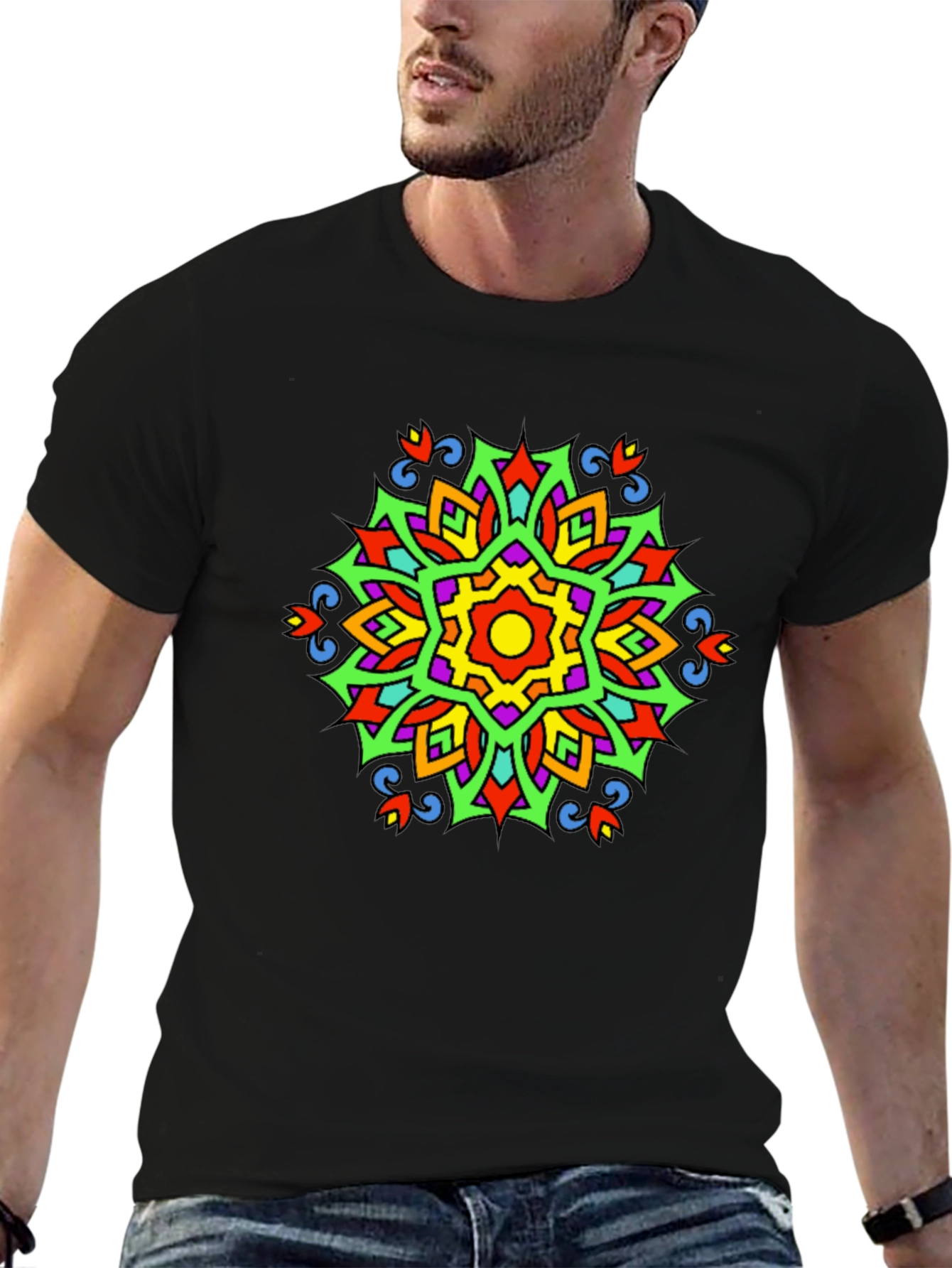 Vibrant Mandala Graphic Print Tee - Black Casual T-Shirt