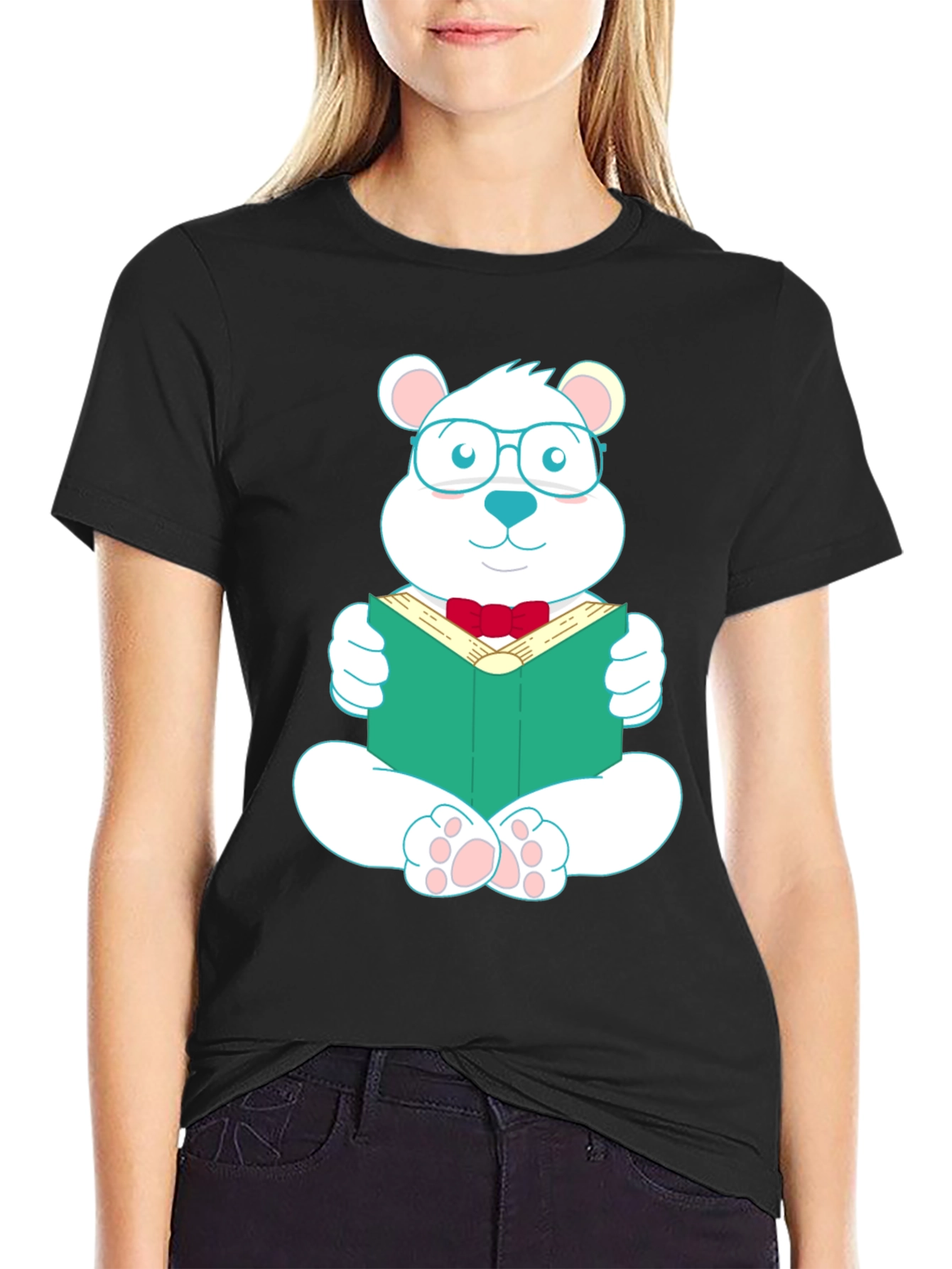 Black T-Shirt with Reading Bear Graphic