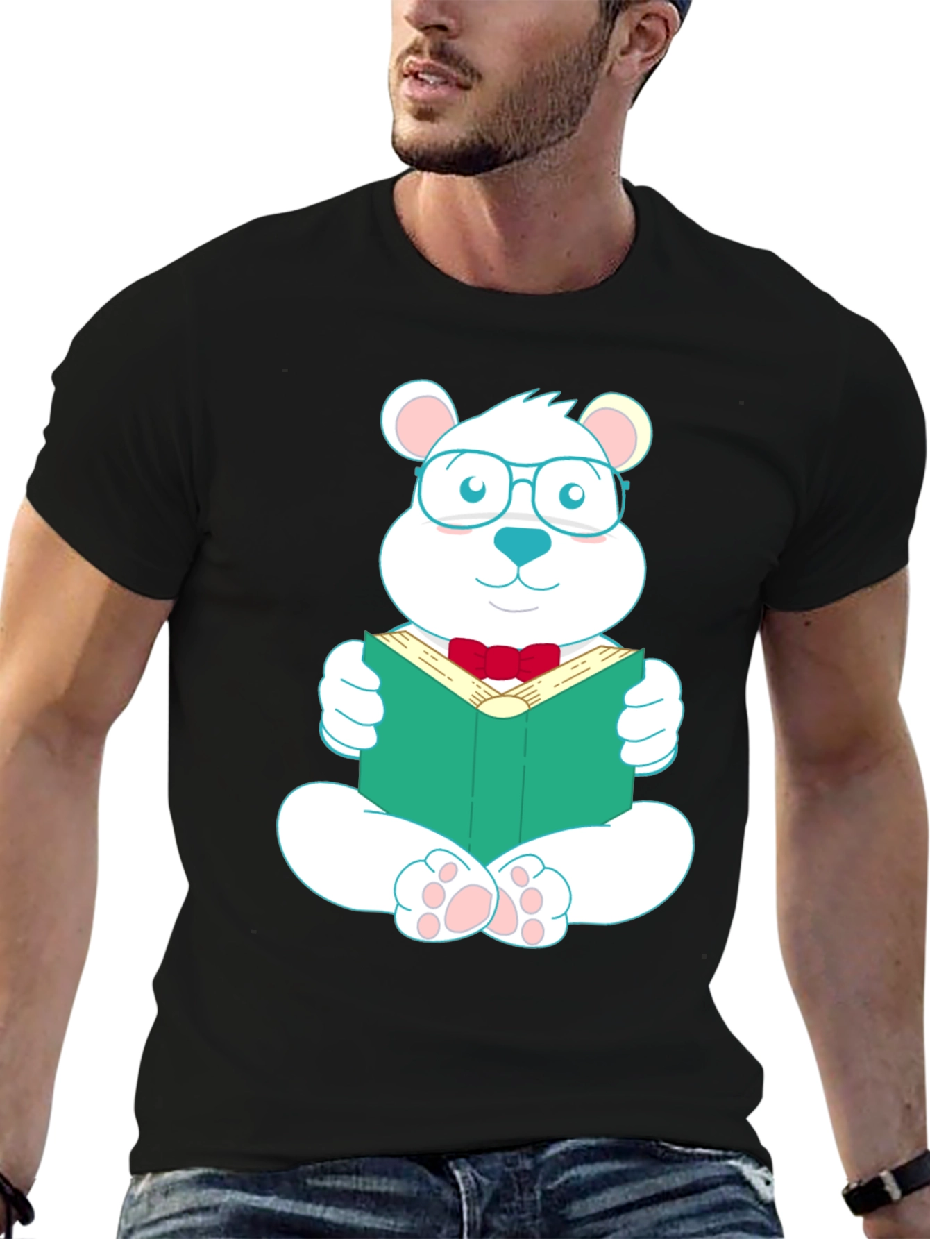 Black T-Shirt with Reading Bear Graphic