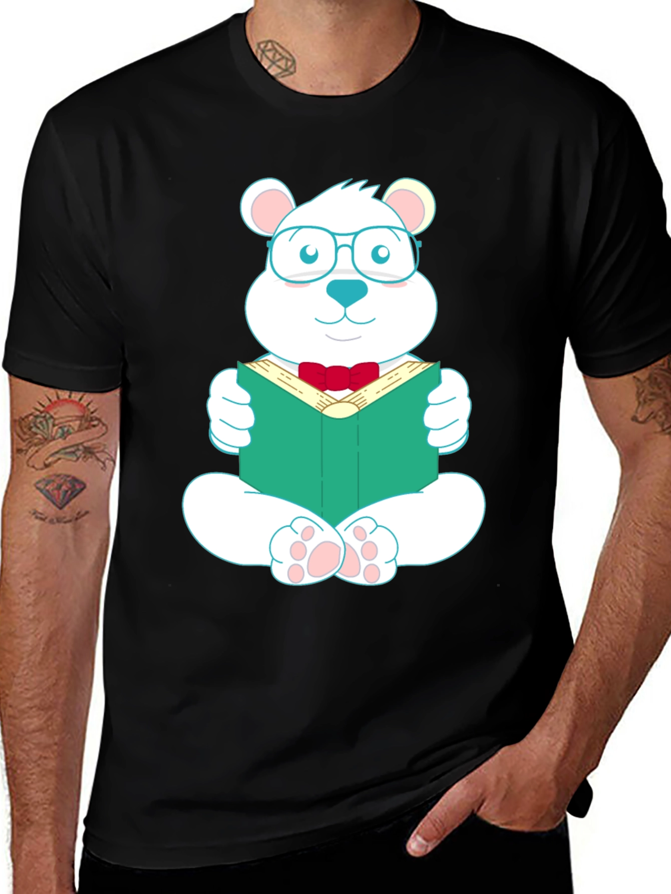Black T-Shirt with Reading Bear Graphic