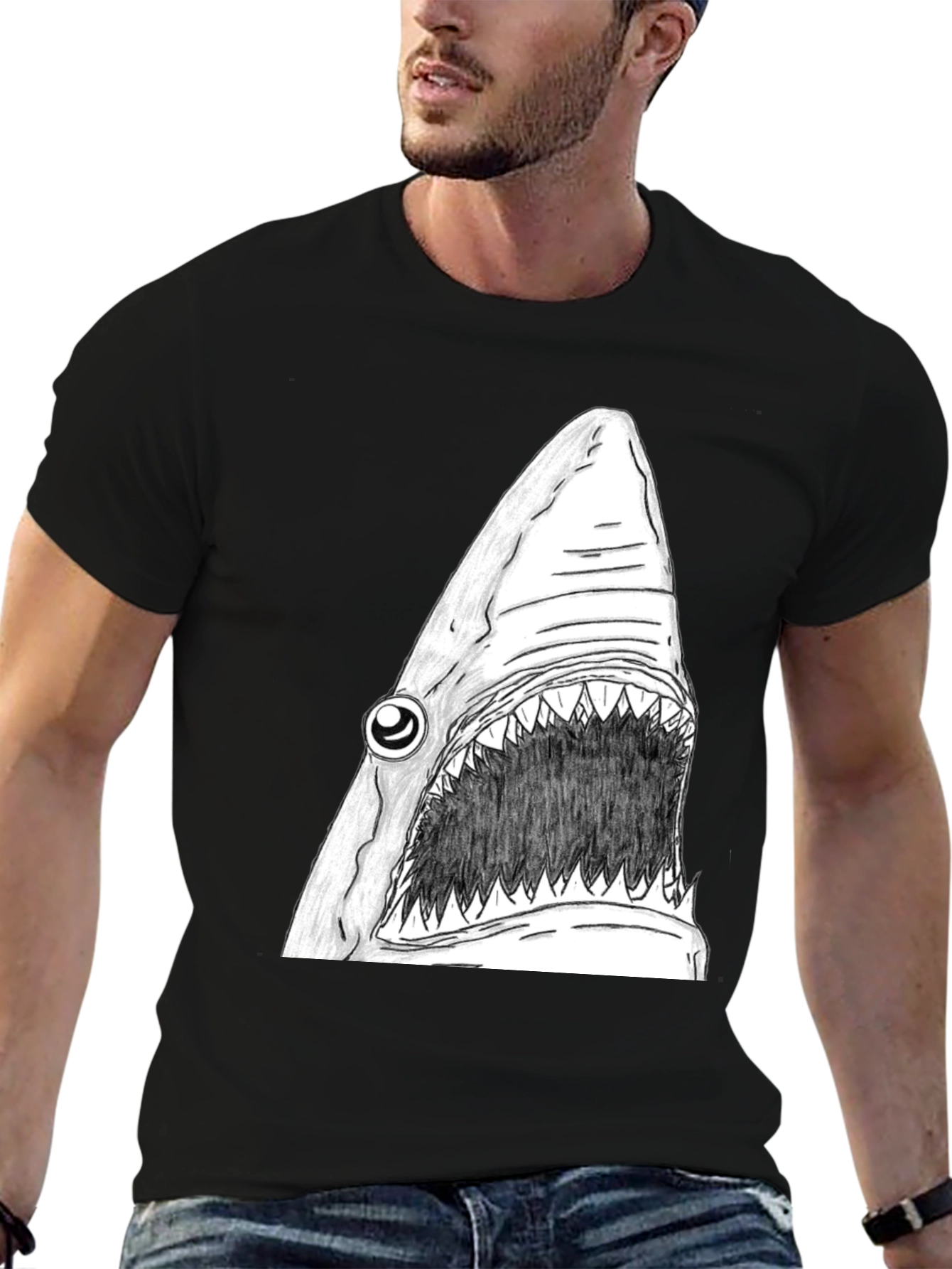 Shark Graphic Tee - Mens Black Cotton T-Shirt