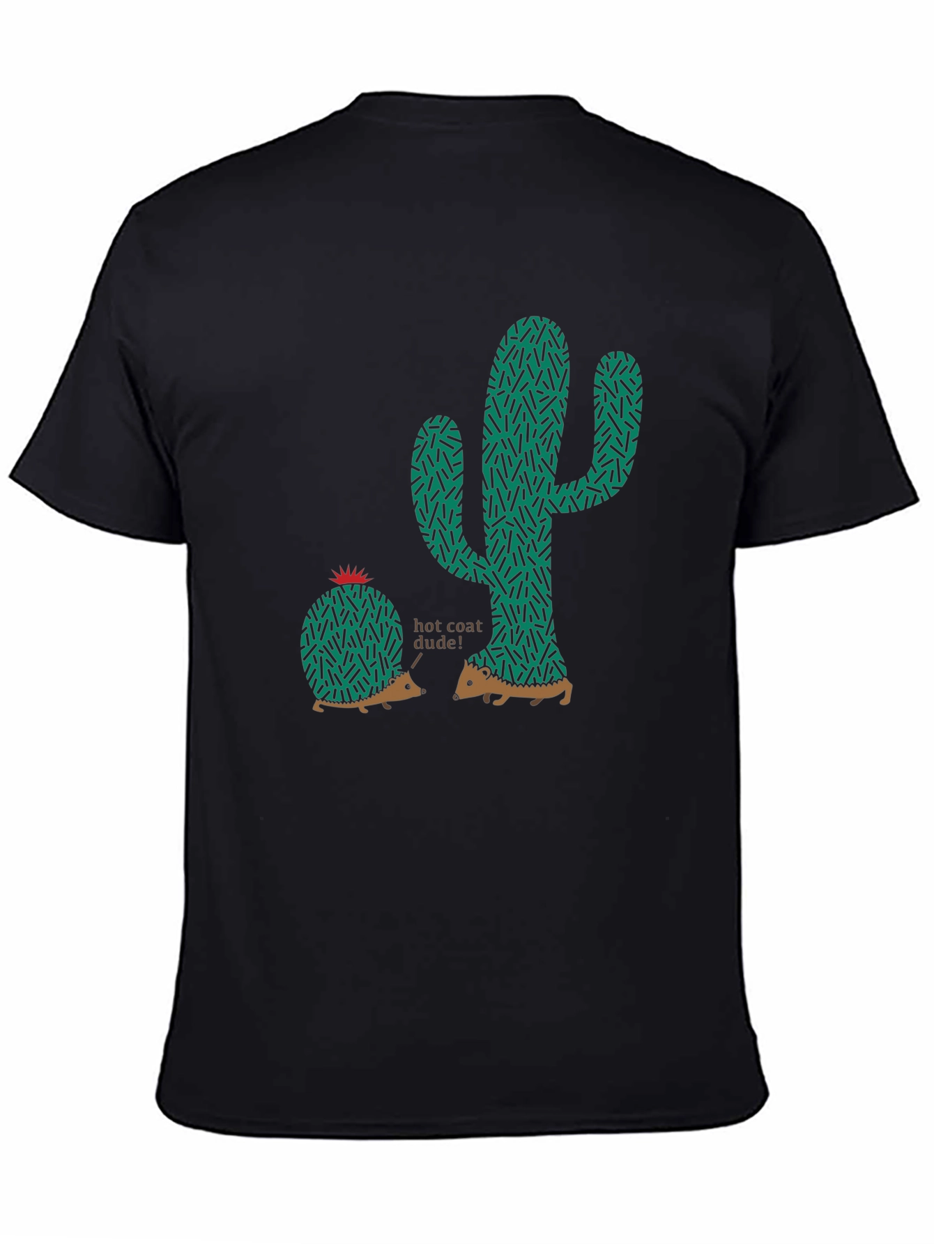Unique Hedgehog & Cactus Graphic Tee - Black