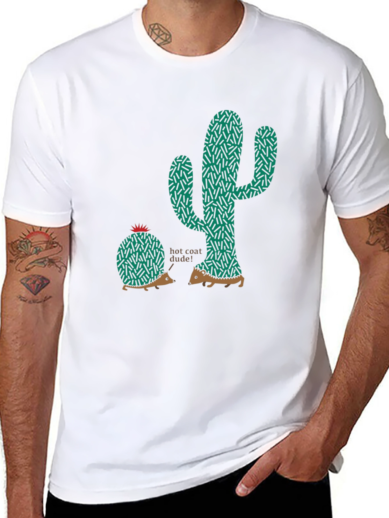 Unique Hedgehog & Cactus Graphic Tee - Black